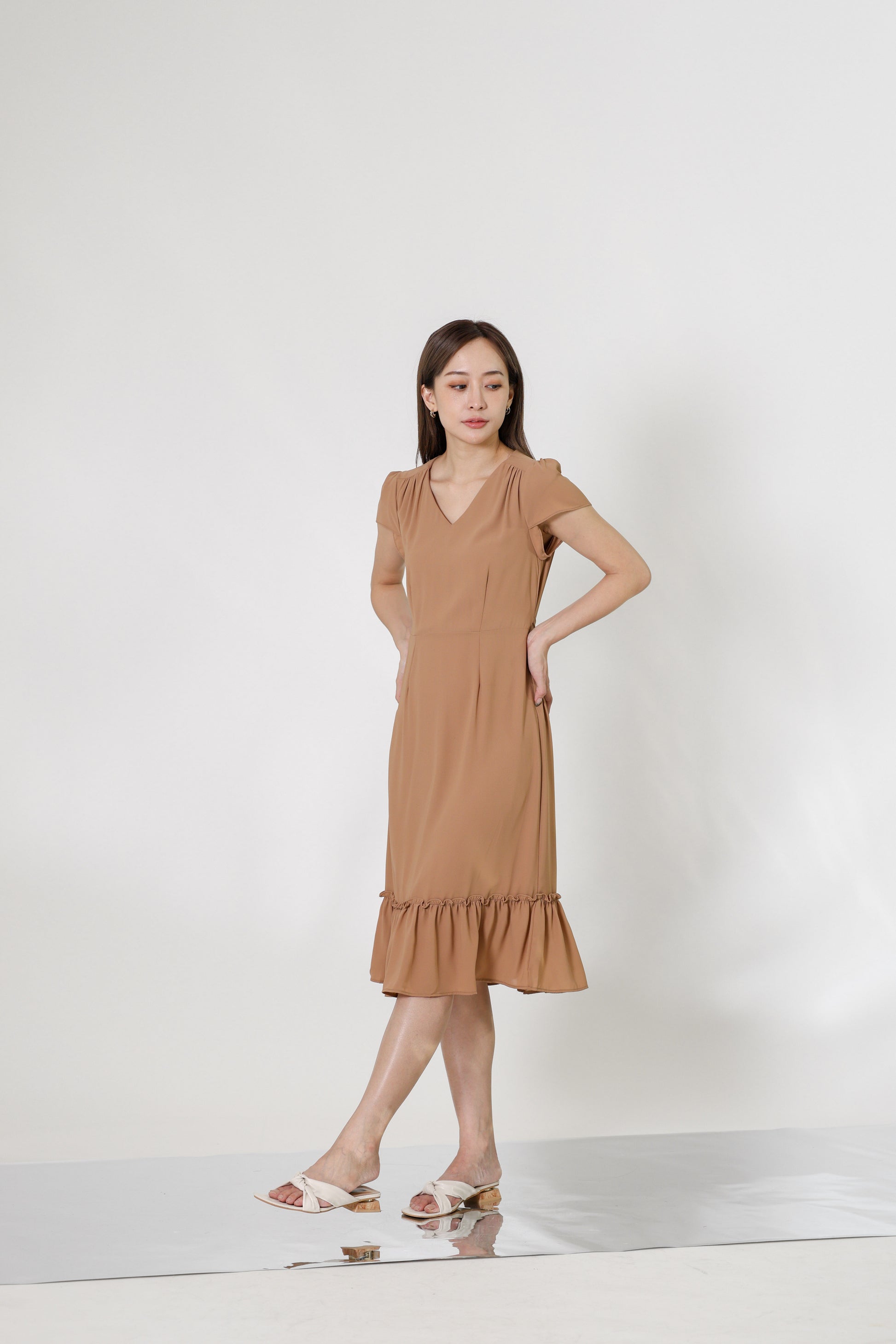 Joey V-Neck Petal Sleeve Dress - Nude