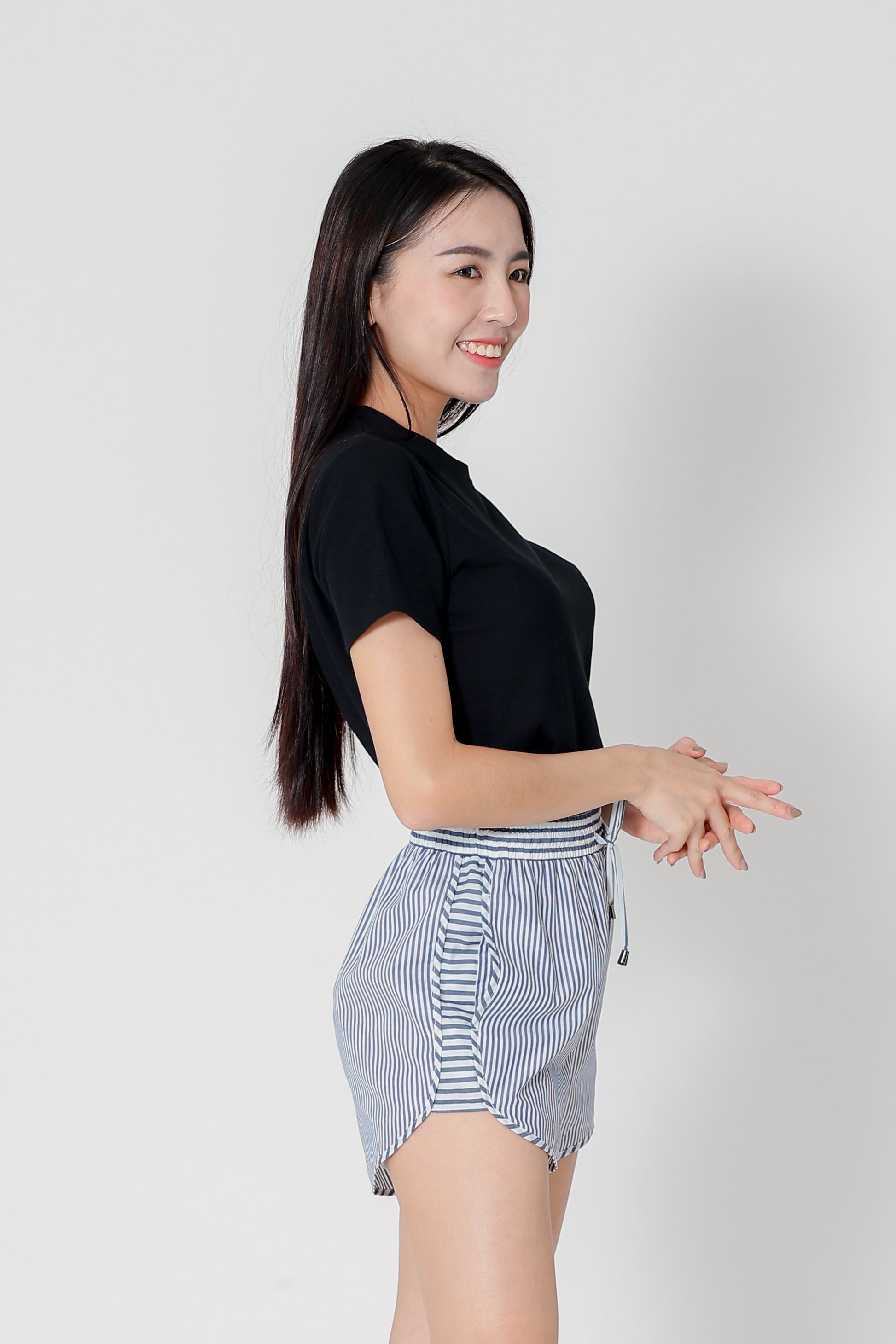 Josie Stripped Jogger Shorts - Navy