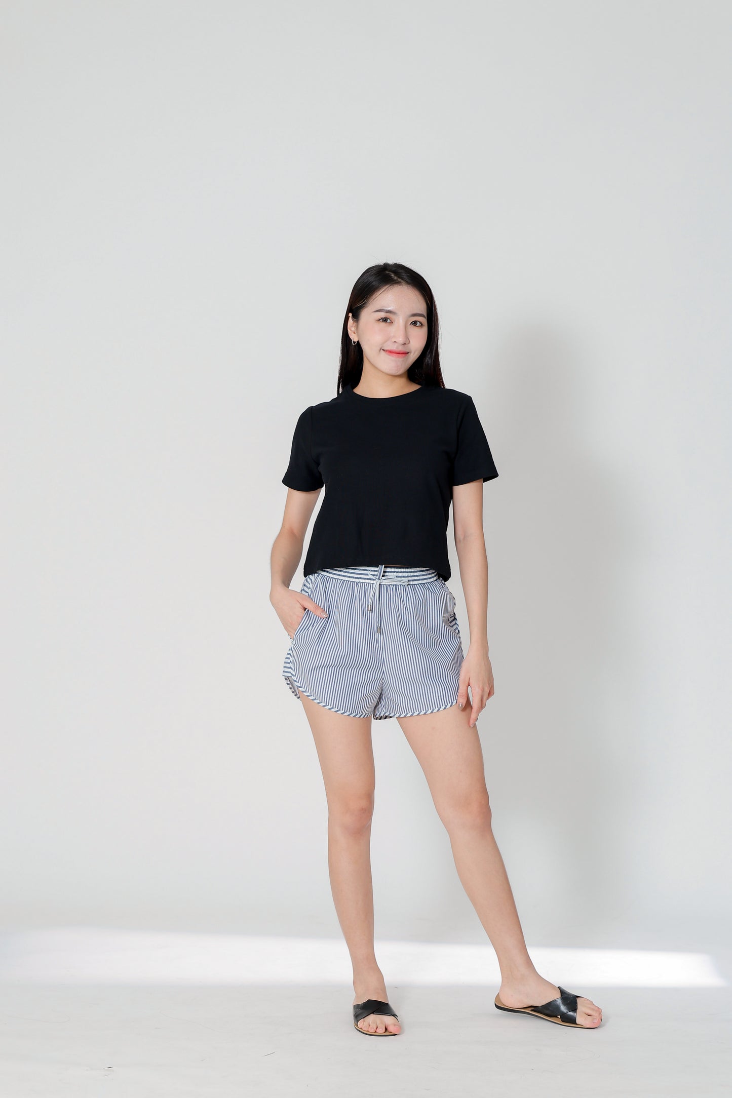Josie Stripped Jogger Shorts - Navy
