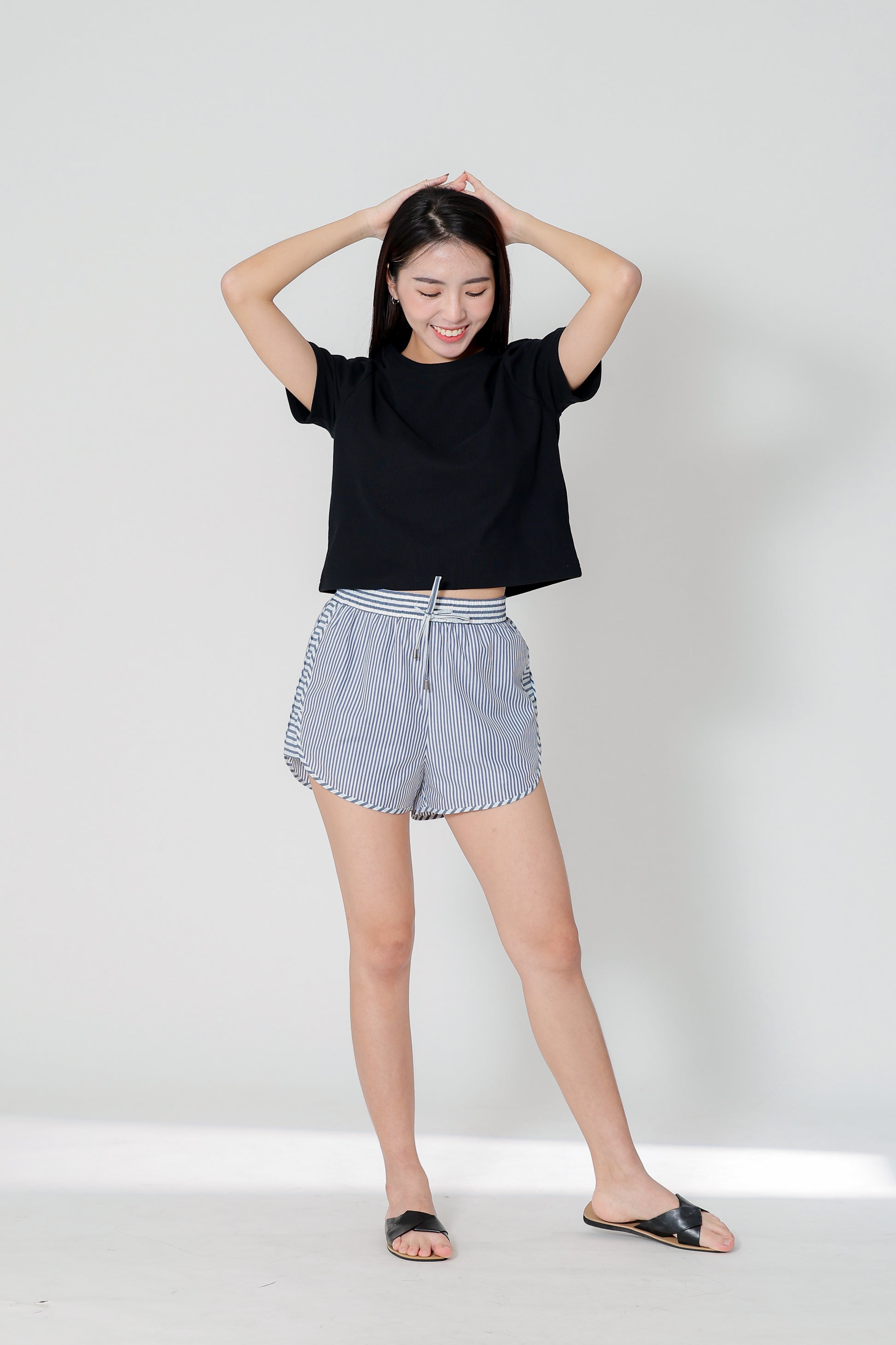 Josie Stripped Jogger Shorts - Navy