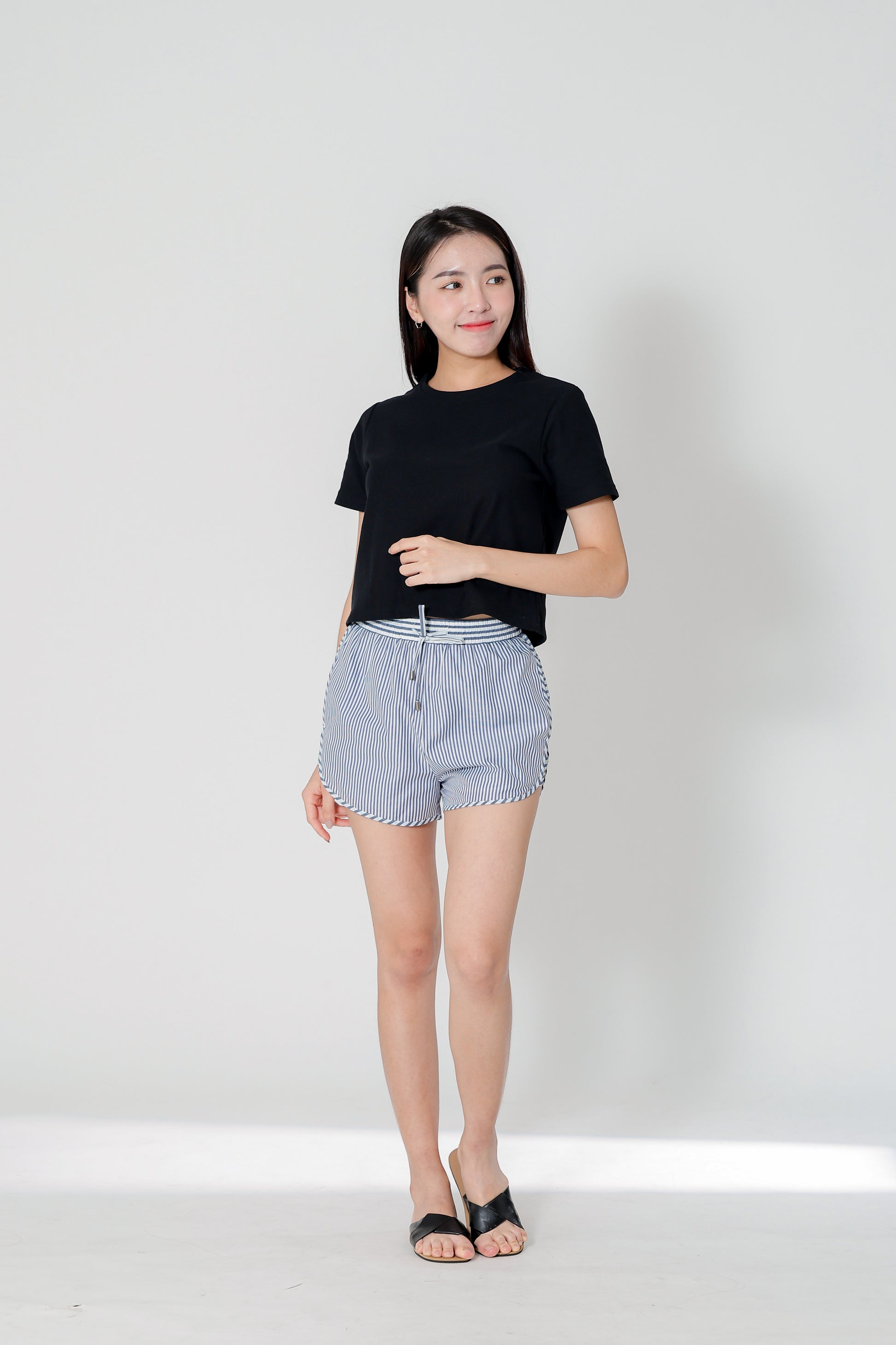 Josie Stripped Jogger Shorts - Navy