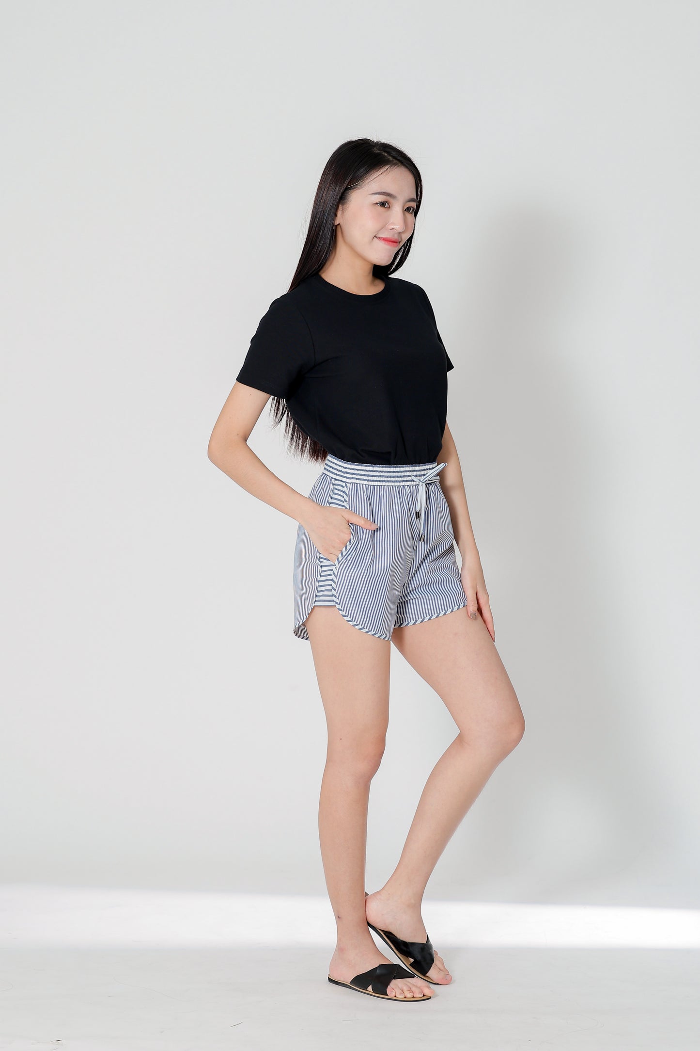 Josie Stripped Jogger Shorts - Navy