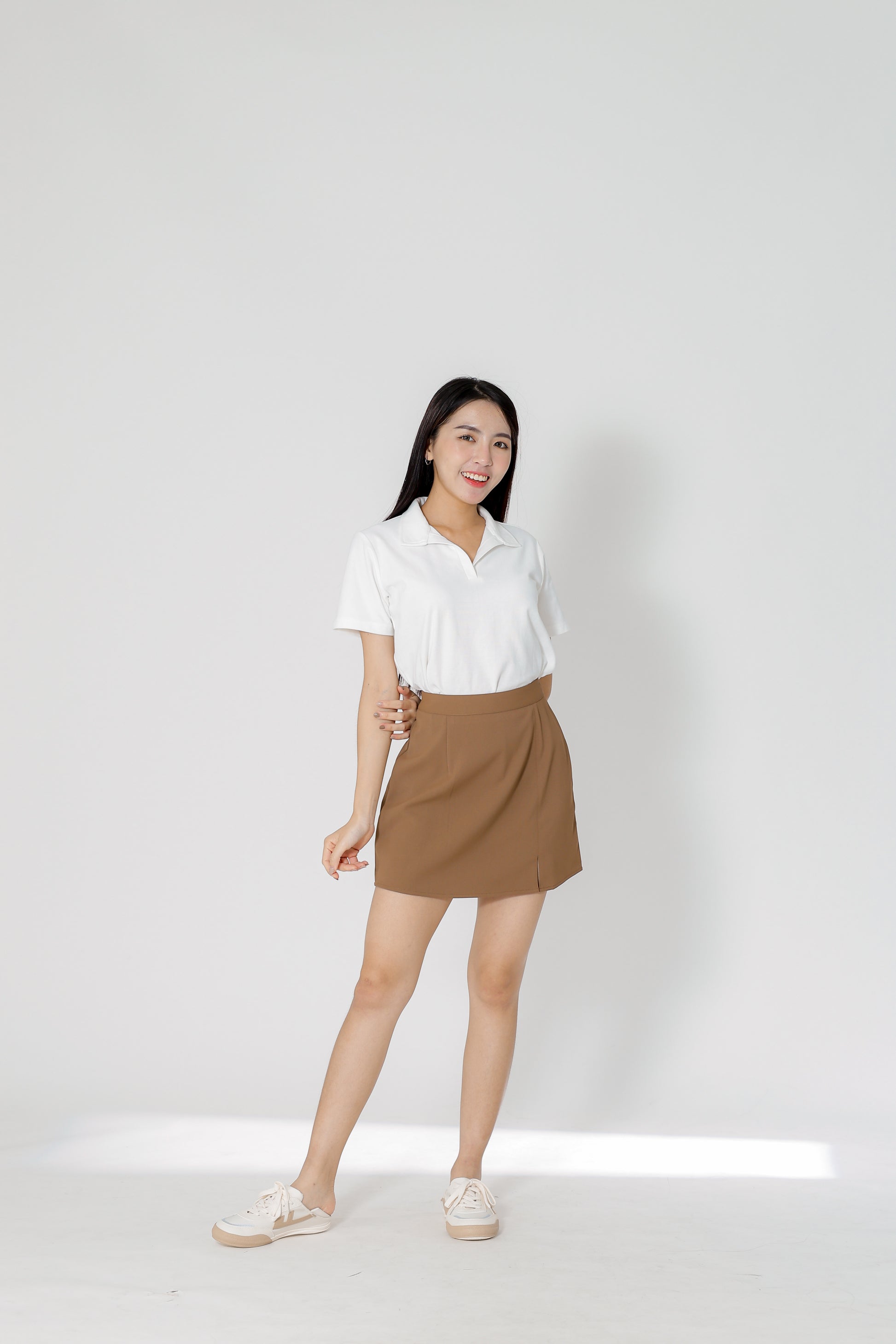 Julianne A Line Skort w Slit - Brown