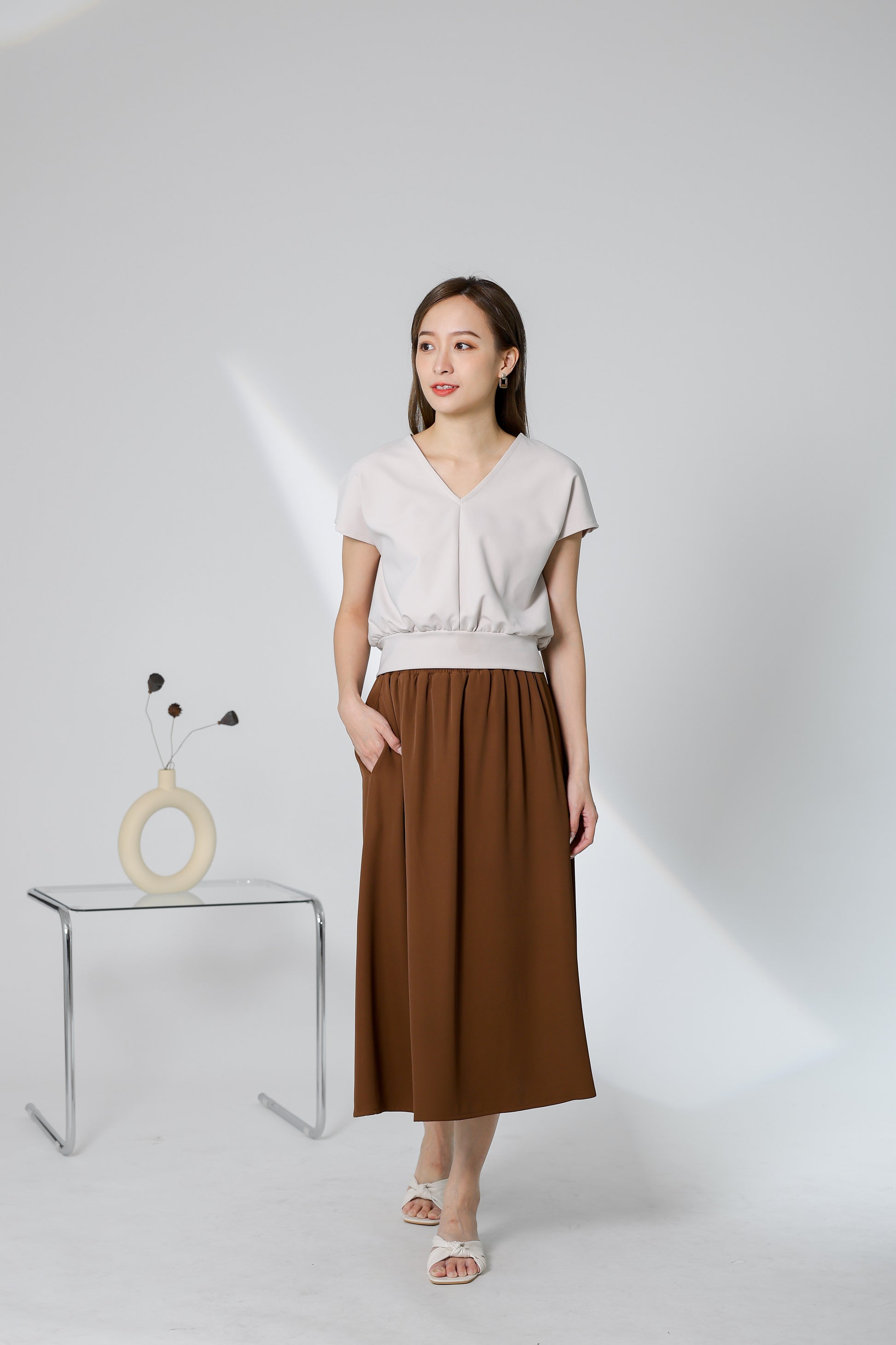 Kalena V Neck Top - Beige