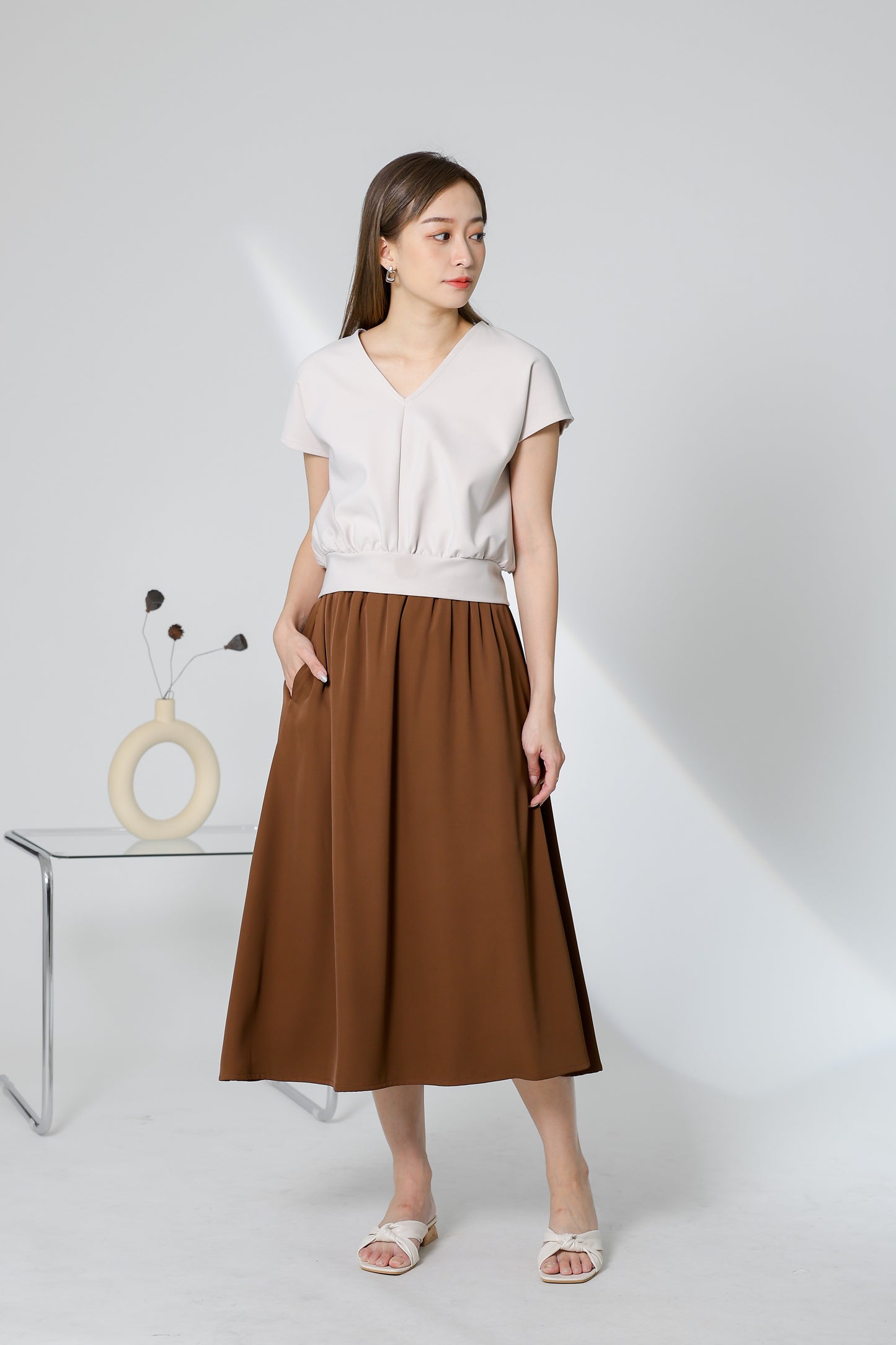 Kalena V Neck Top - Beige