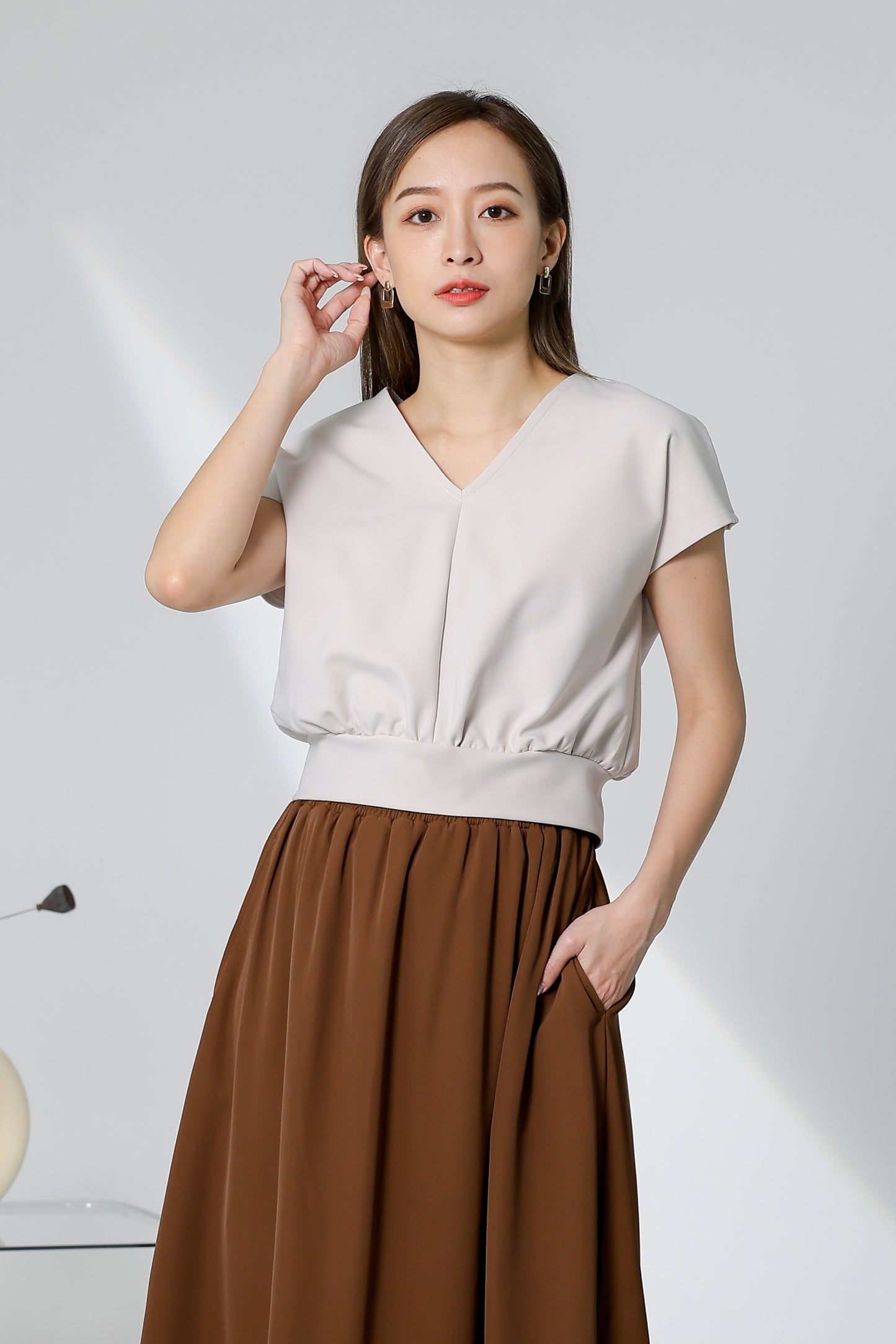 Kalena V Neck Top - Beige