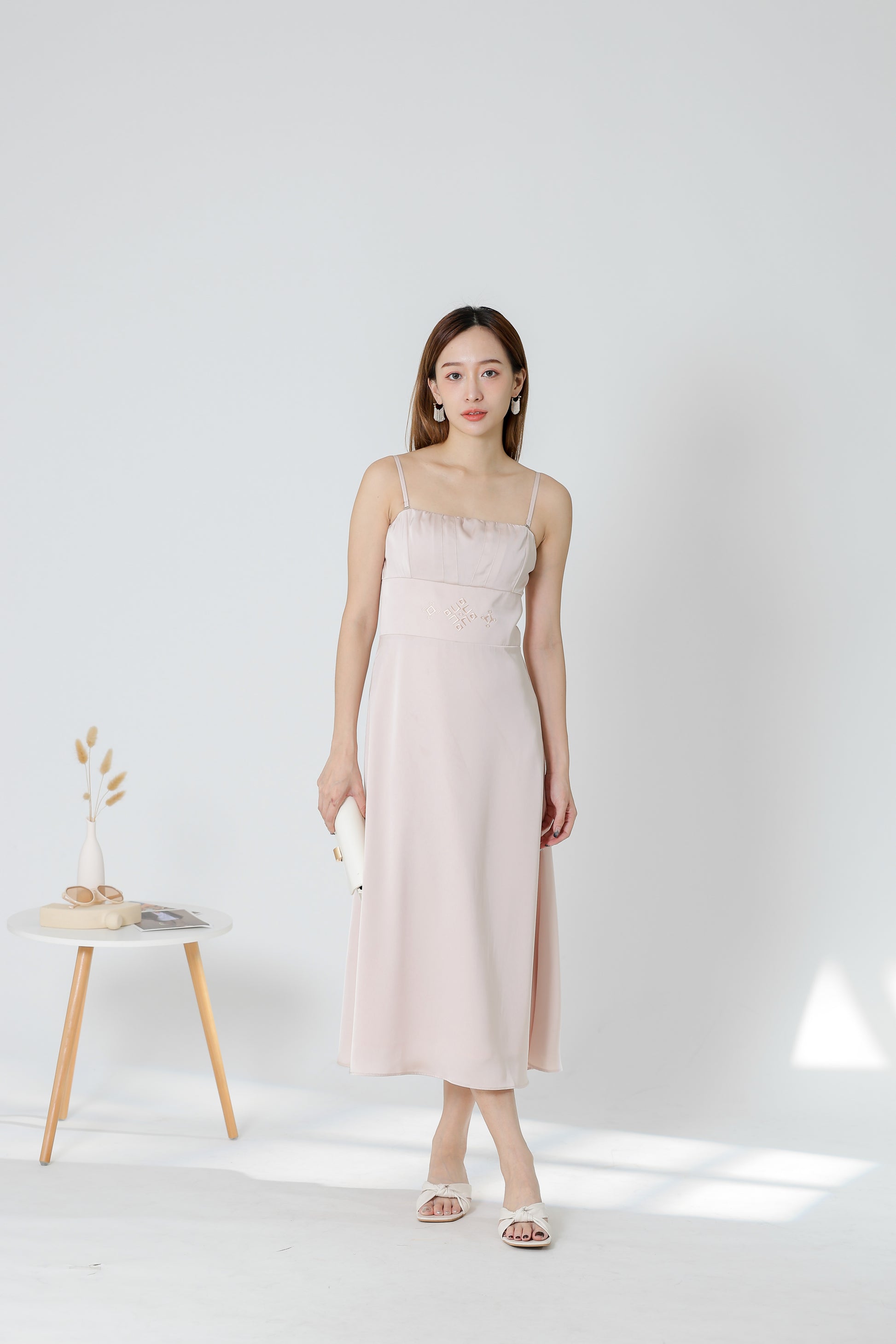 Karren Embroidered Satin Midi Dress - Pink