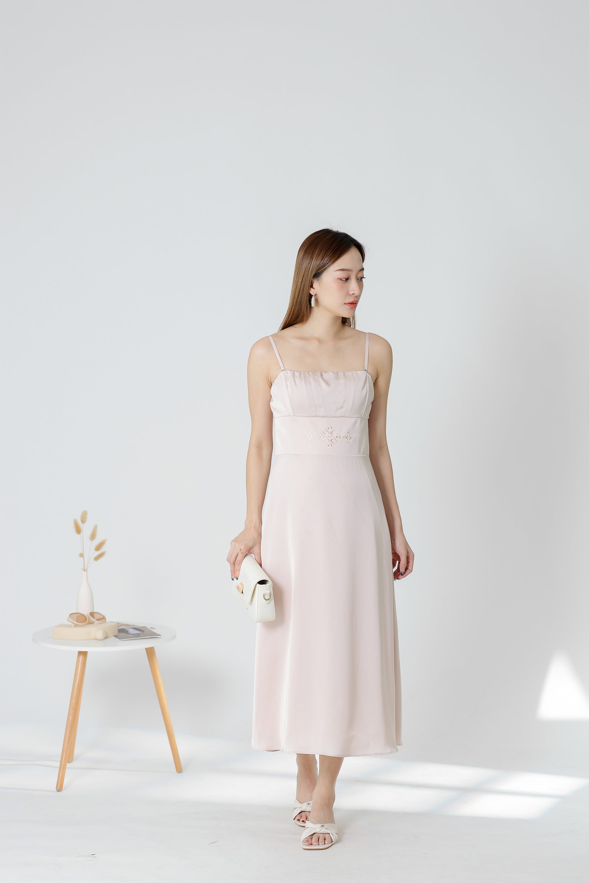 Karren Embroidered Satin Midi Dress - Pink