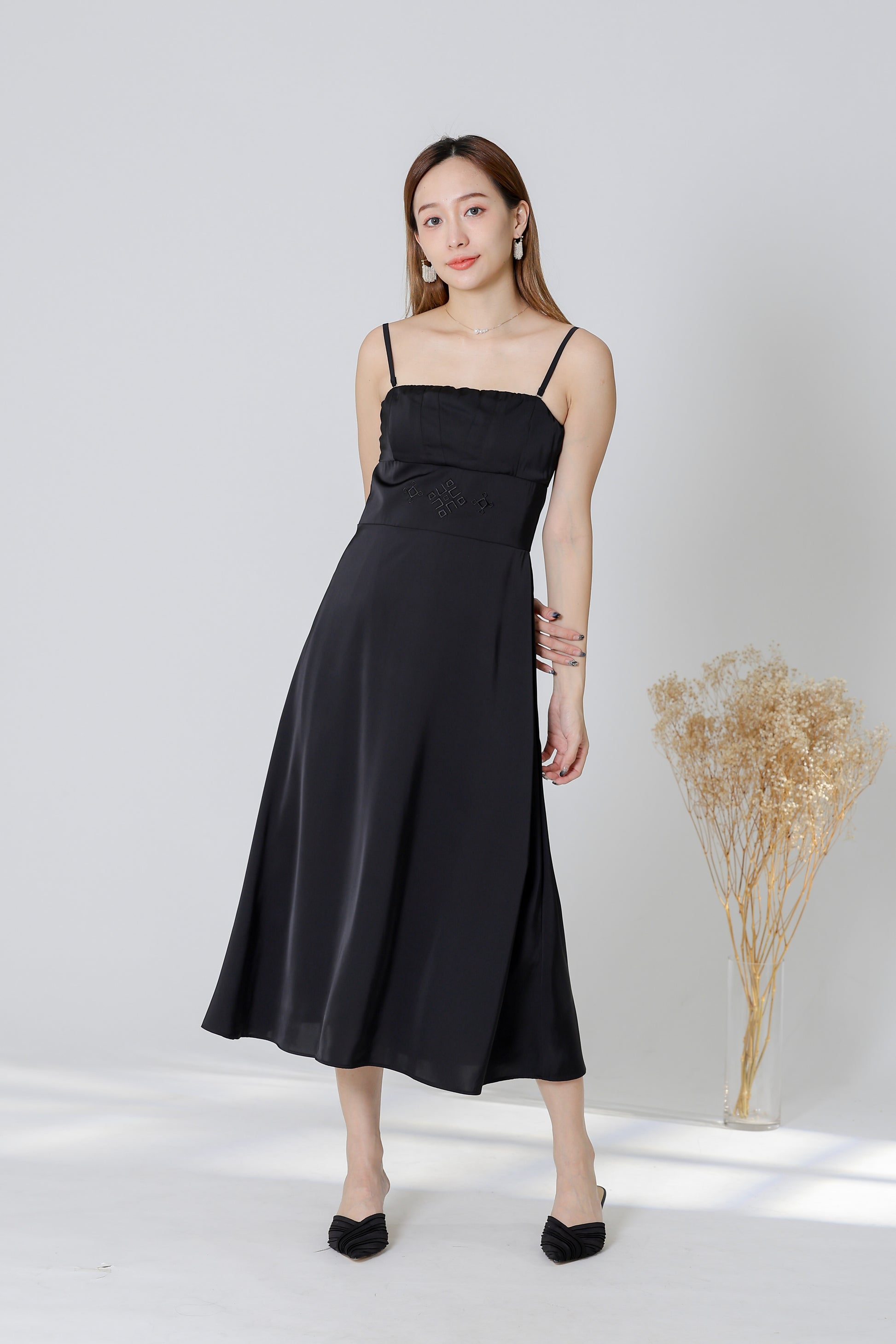 Karren Embroidered Satin Midi Dress - Black