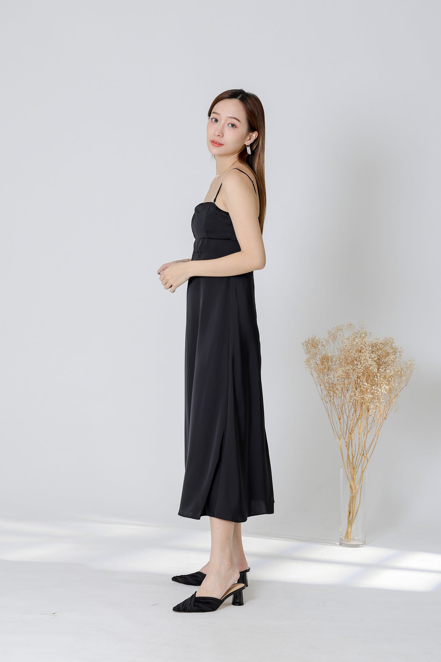Karren Embroidered Satin Midi Dress - Black