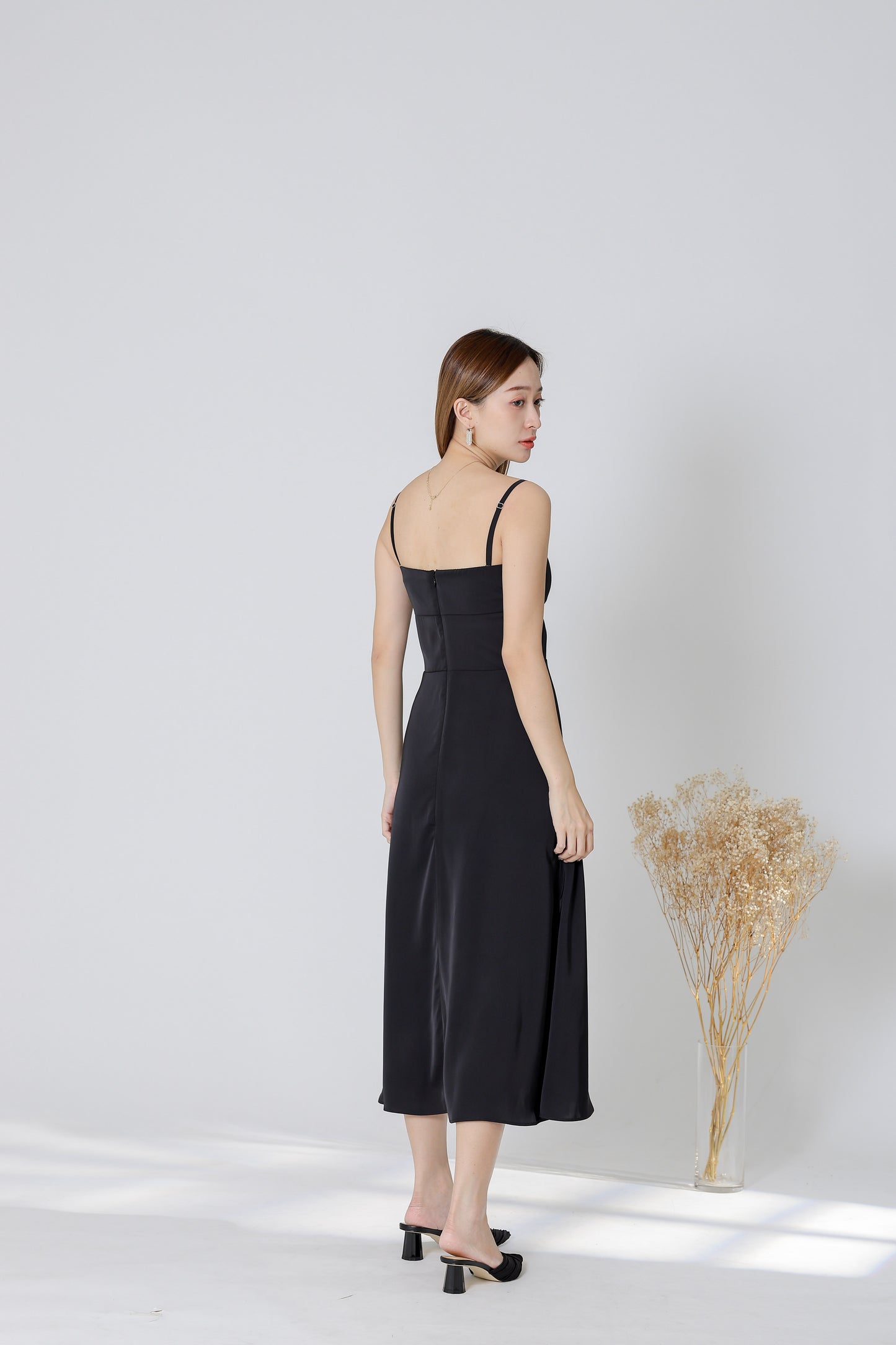 Karren Embroidered Satin Midi Dress - Black