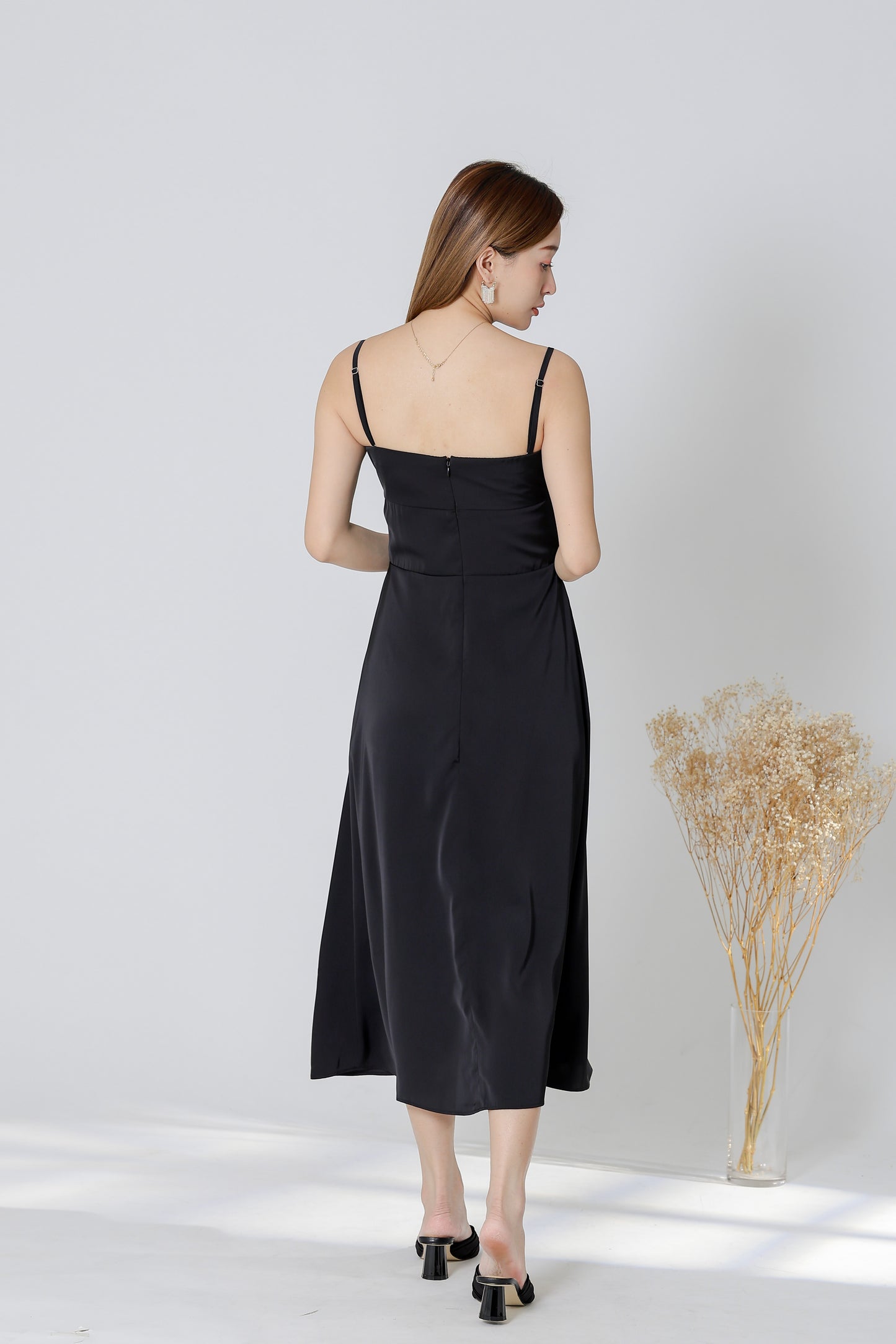 Karren Embroidered Satin Midi Dress - Black