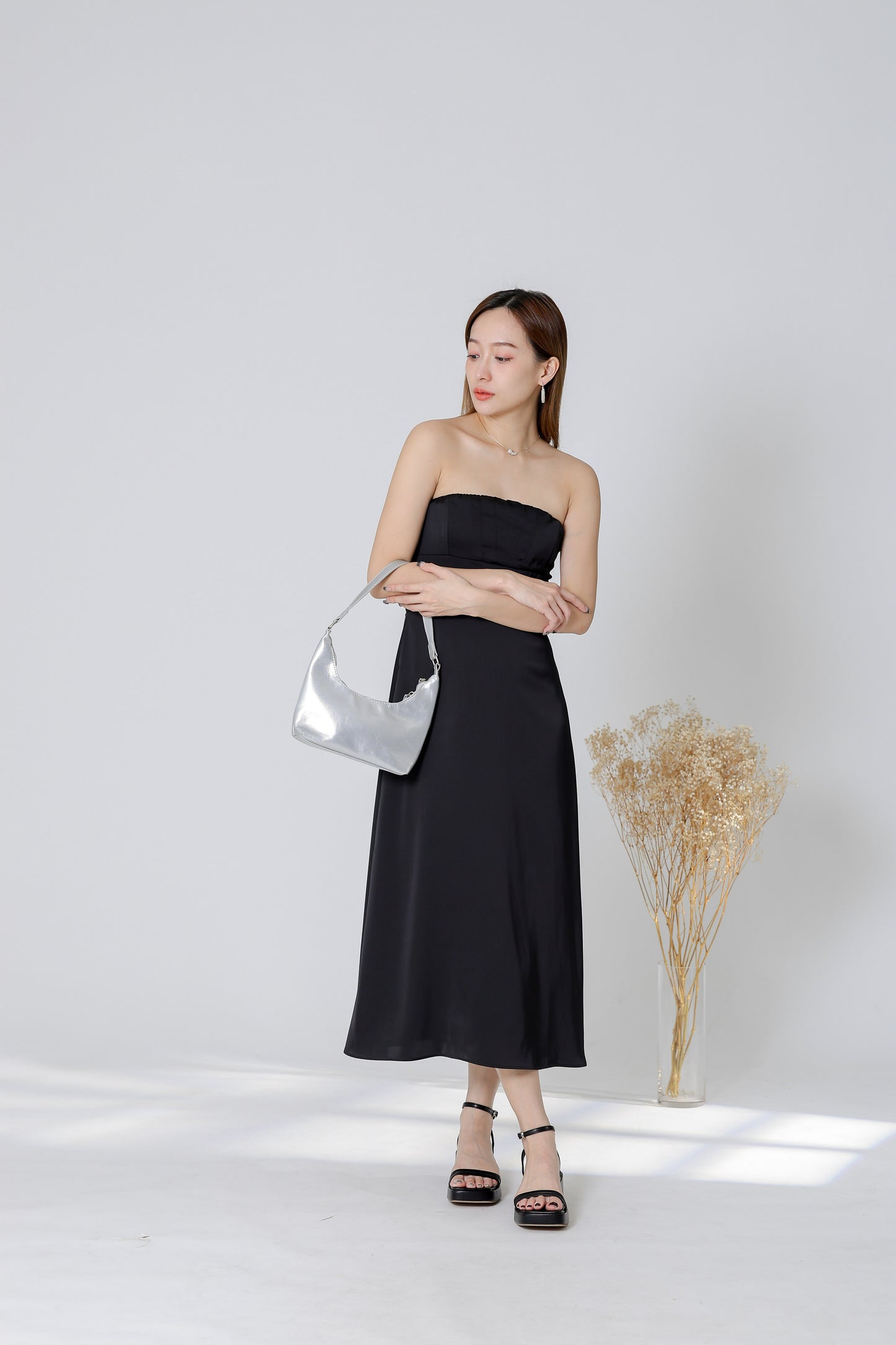 Karren Embroidered Satin Midi Dress - Black