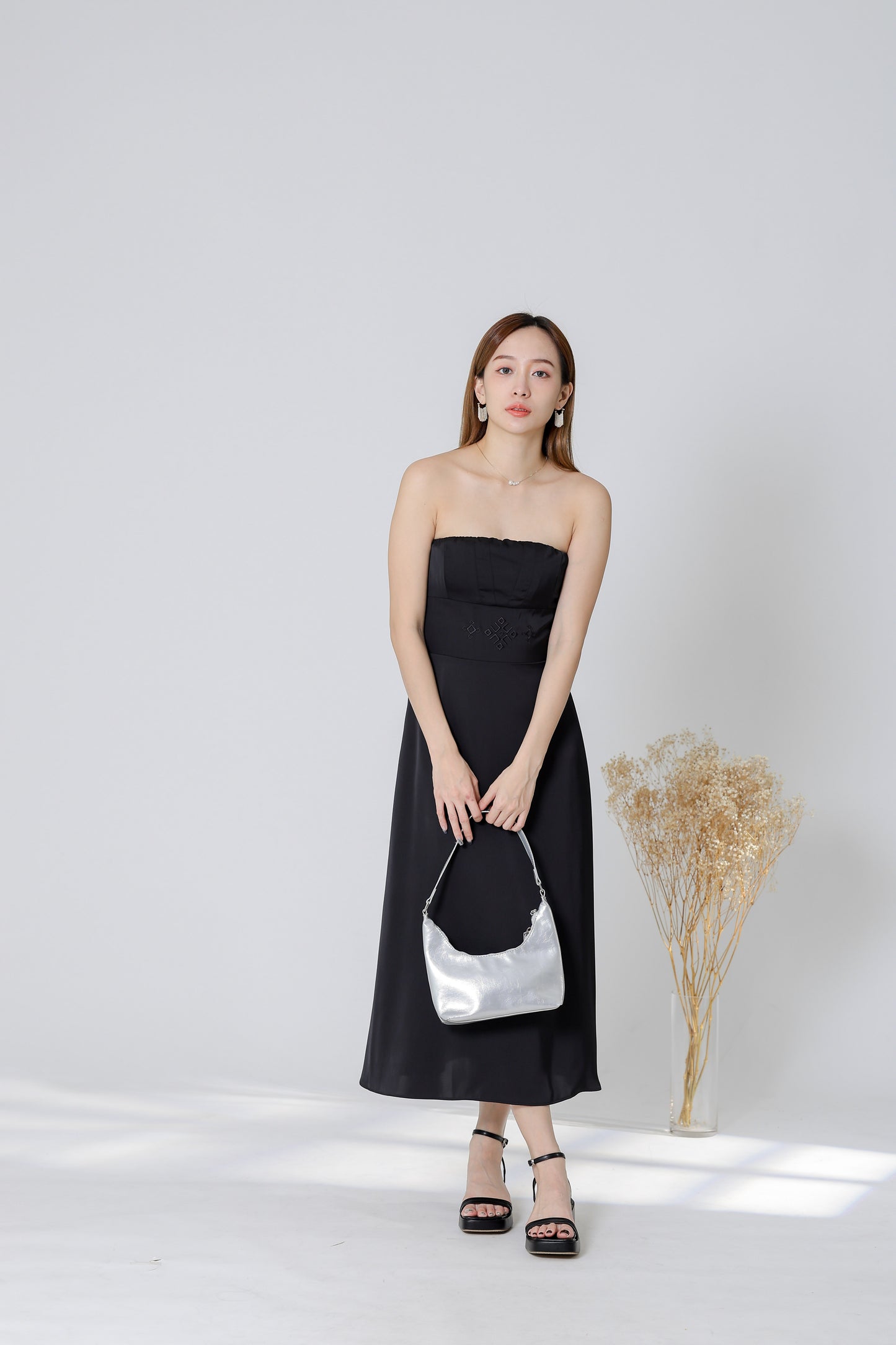 Karren Embroidered Satin Midi Dress - Black