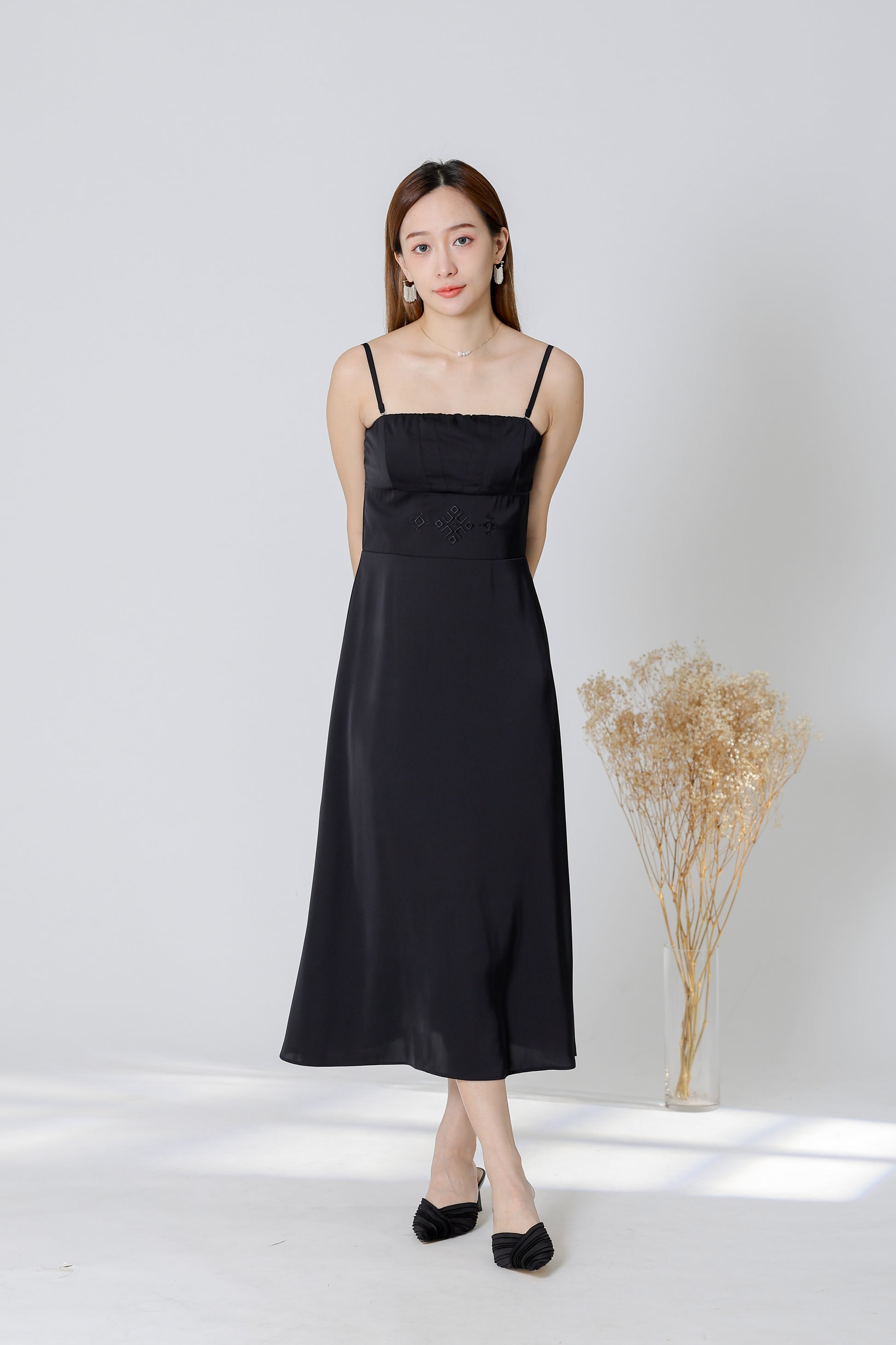 Karren Embroidered Satin Midi Dress - Black
