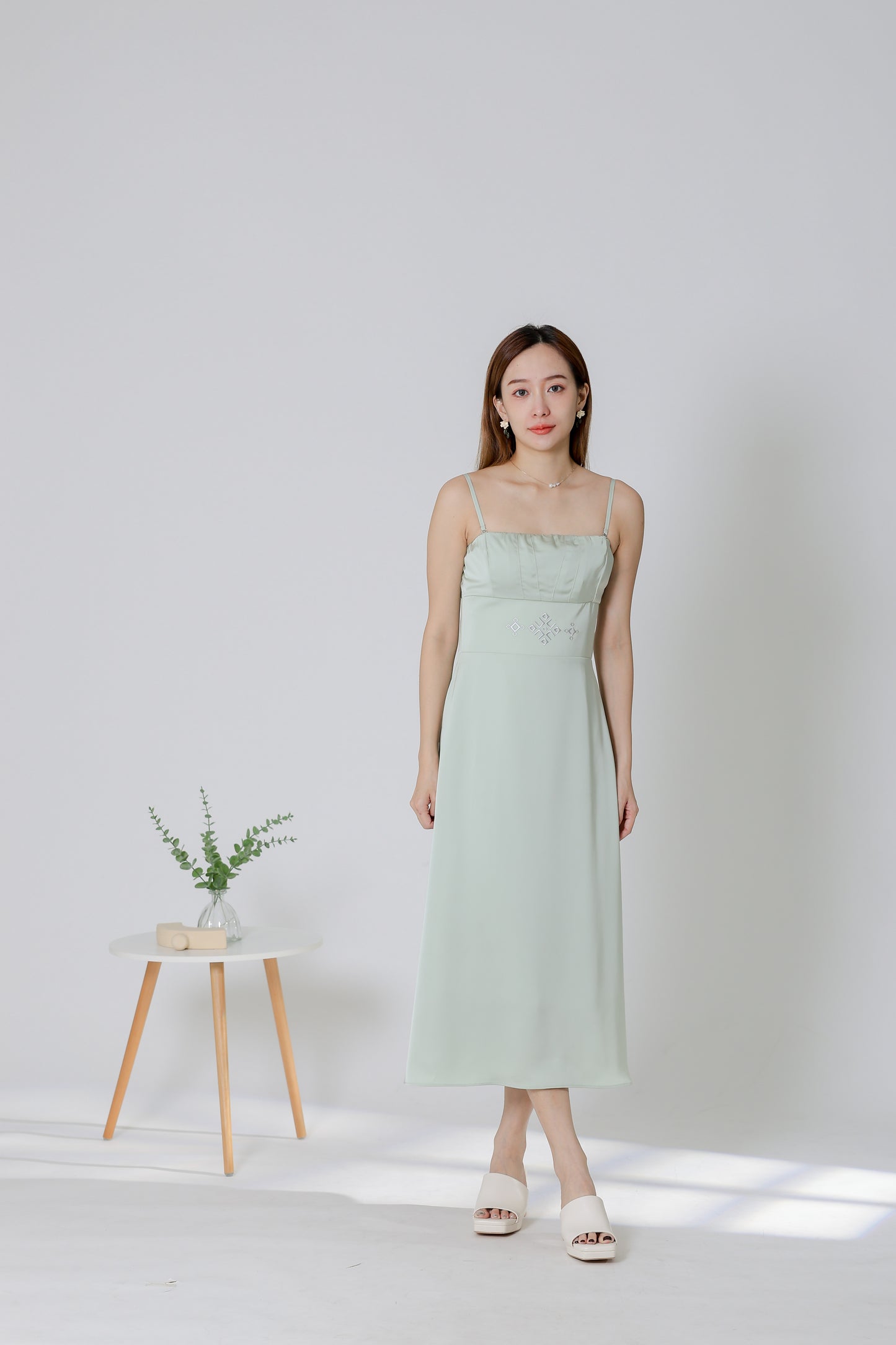 Karren Embroidered Satin Midi Dress - Mint