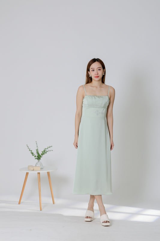 Karren Embroidered Satin Midi Dress - Mint