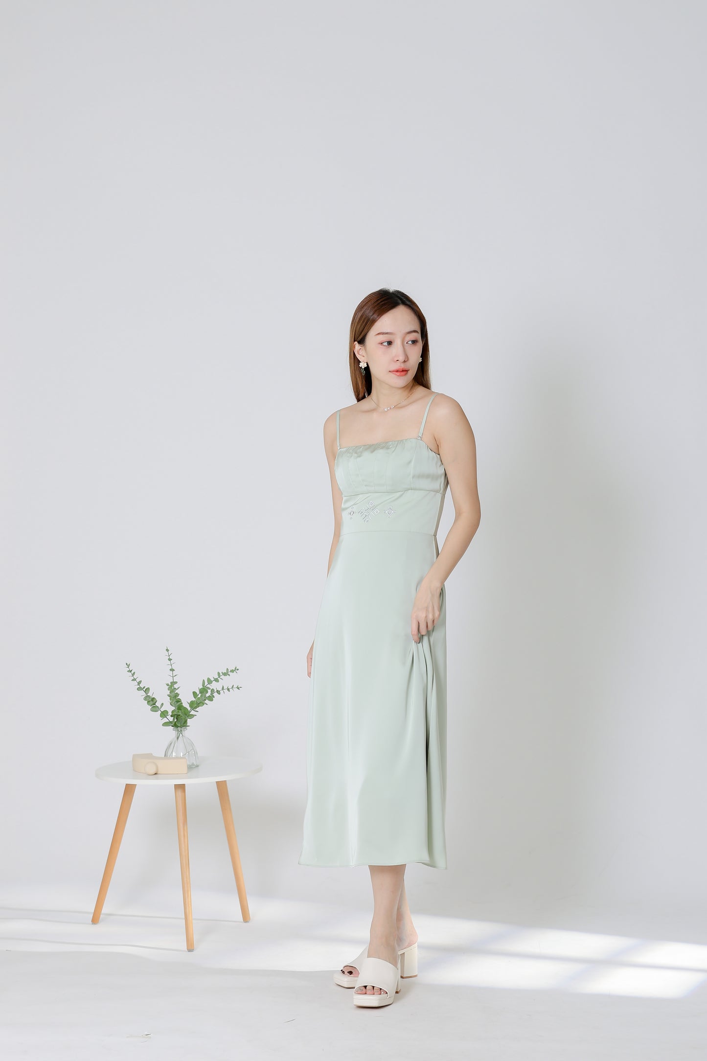 Karren Embroidered Satin Midi Dress - Mint