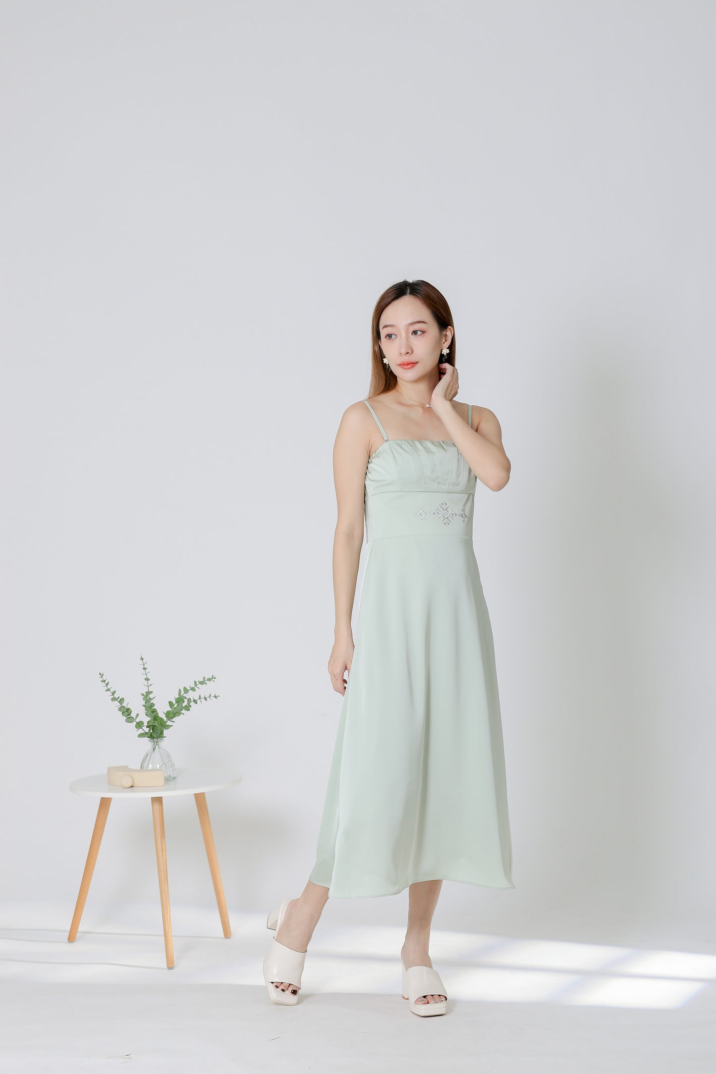 Karren Embroidered Satin Midi Dress - Mint