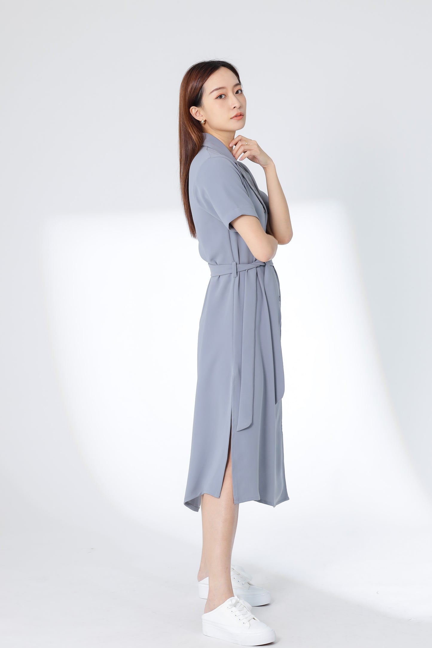 Kelsy Collared Button Down Dress - Grey