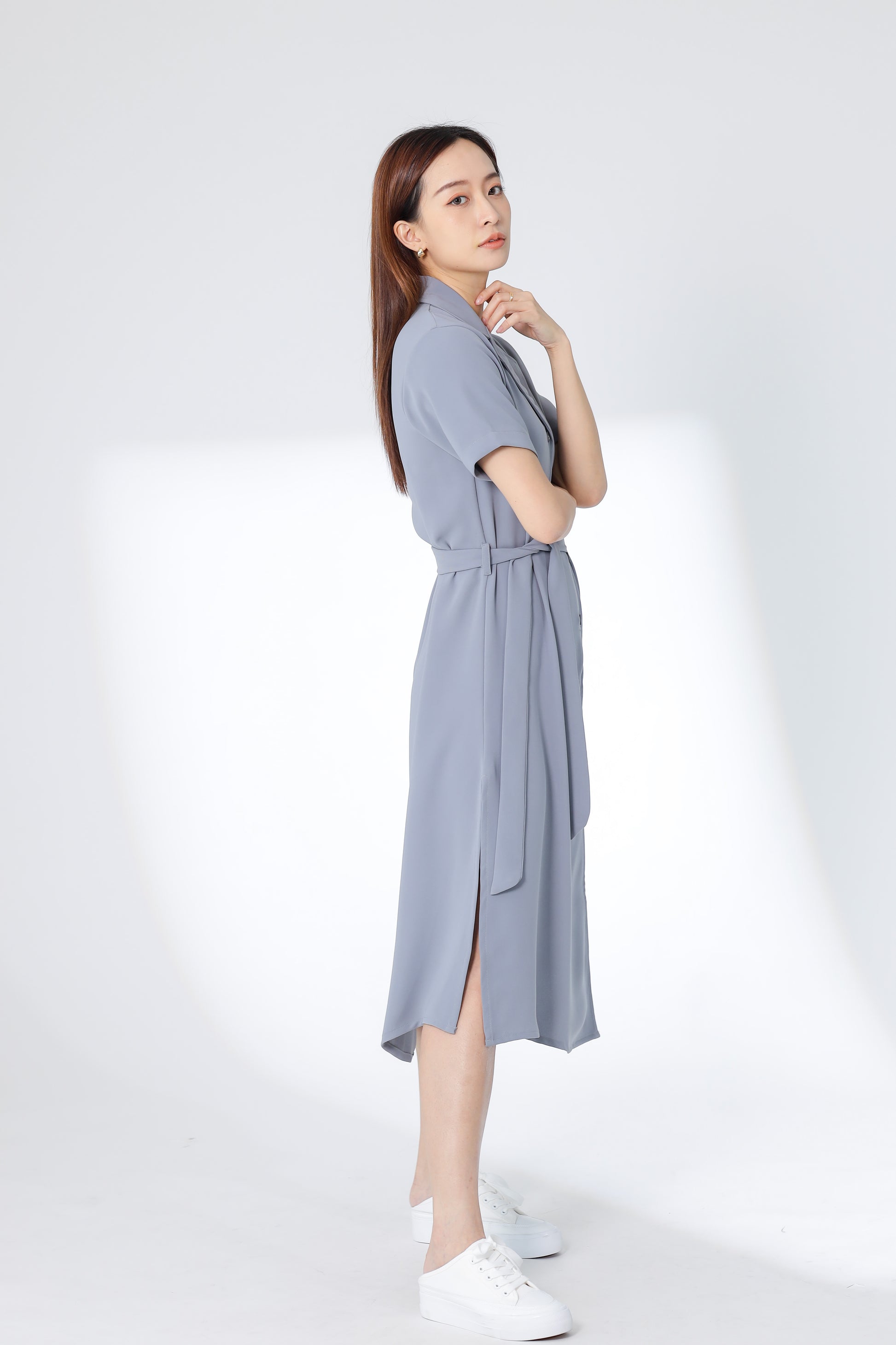 Kelsy Collared Button Down Dress - Grey
