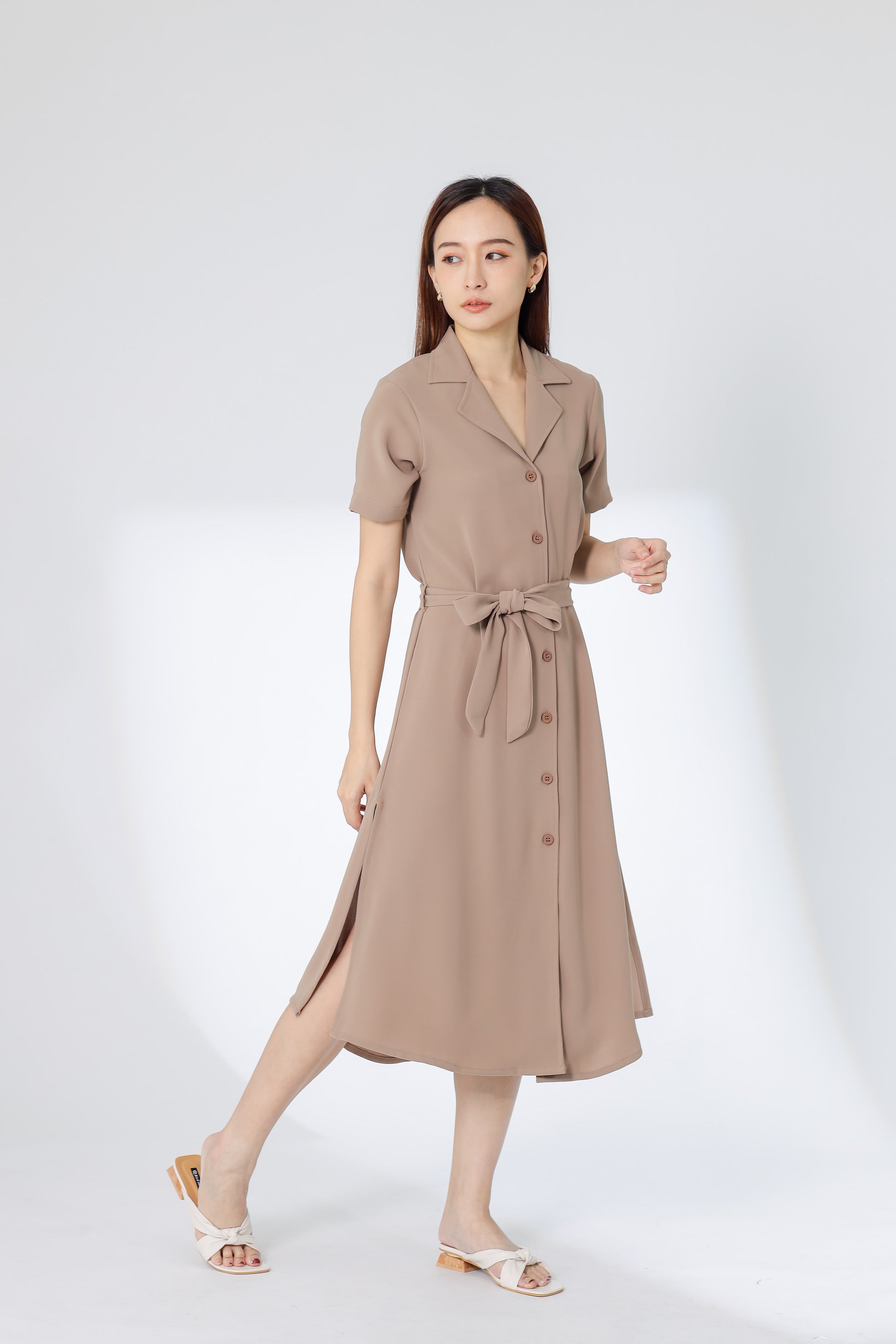 Kelsy Collared Button Down Dress - Khaki