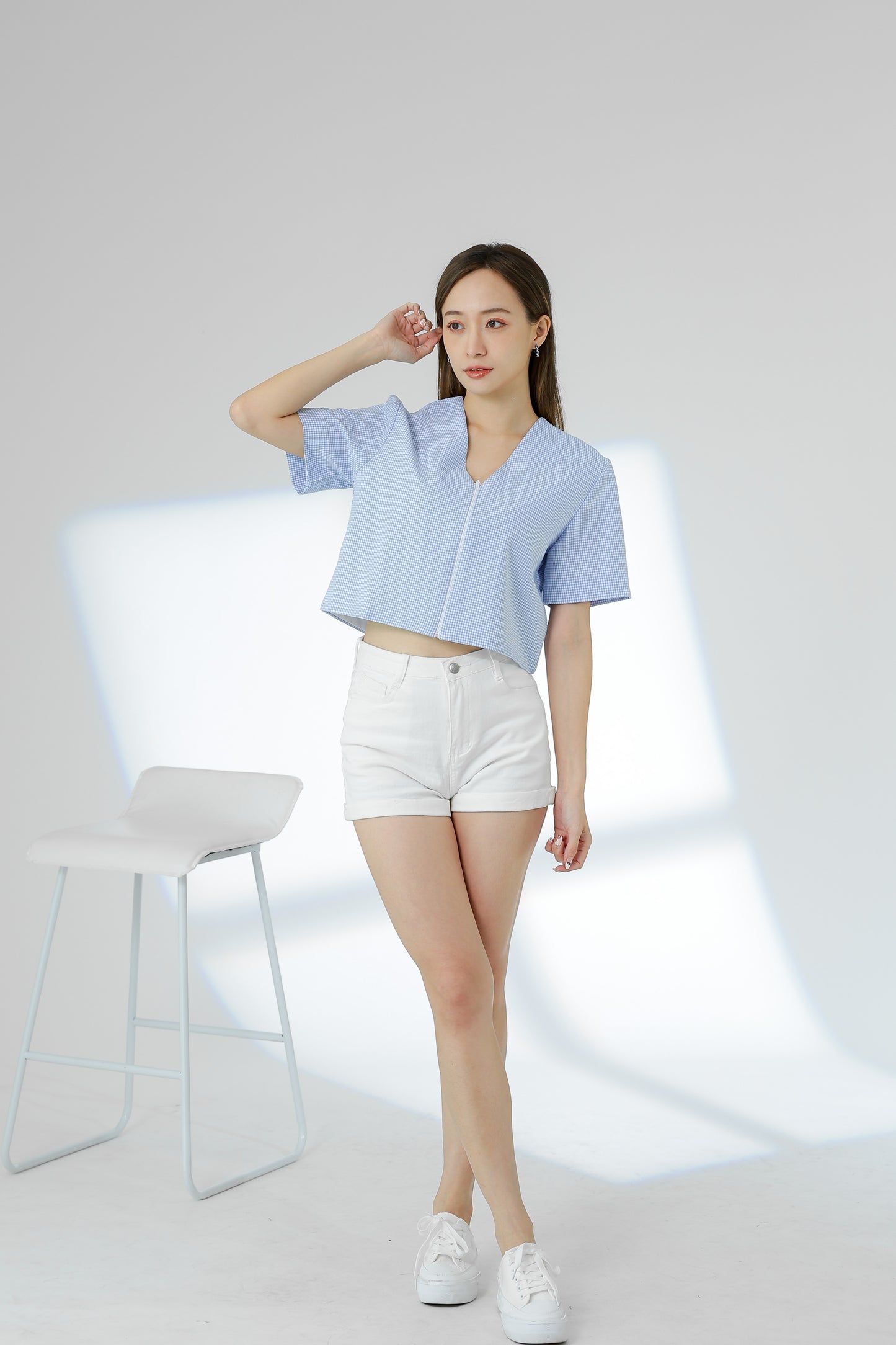 Kimi Front Zipper Top - Light Blue Checks