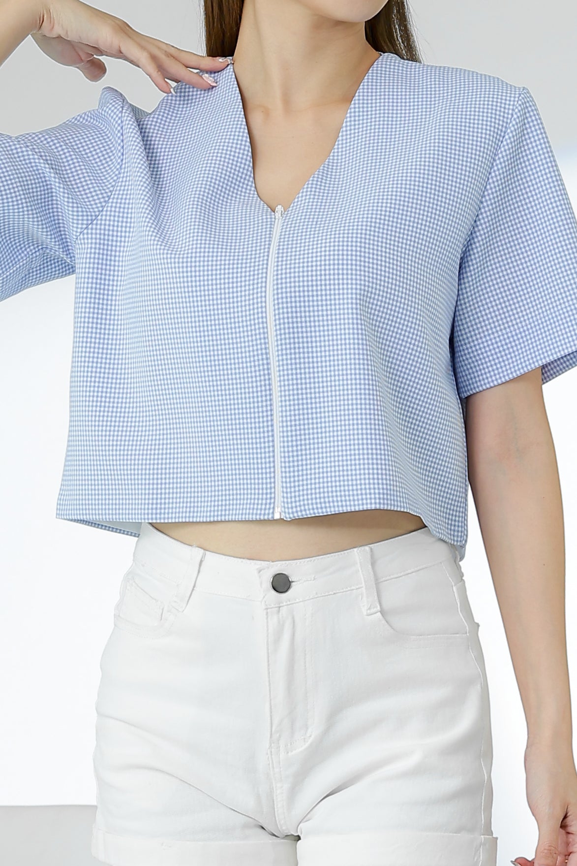 Kimi Front Zipper Top - Light Blue Checks