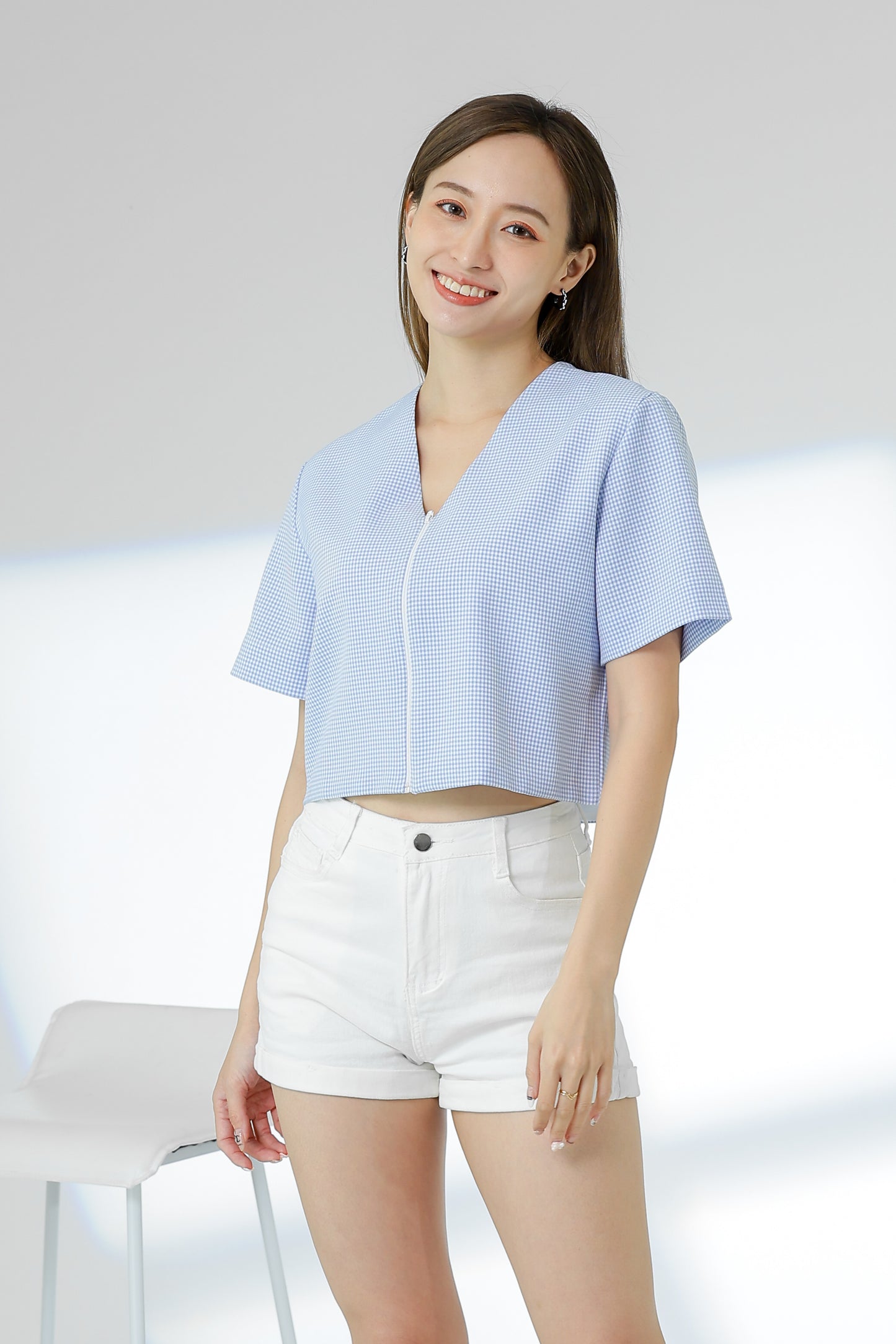 Kimi Front Zipper Top - Light Blue Checks