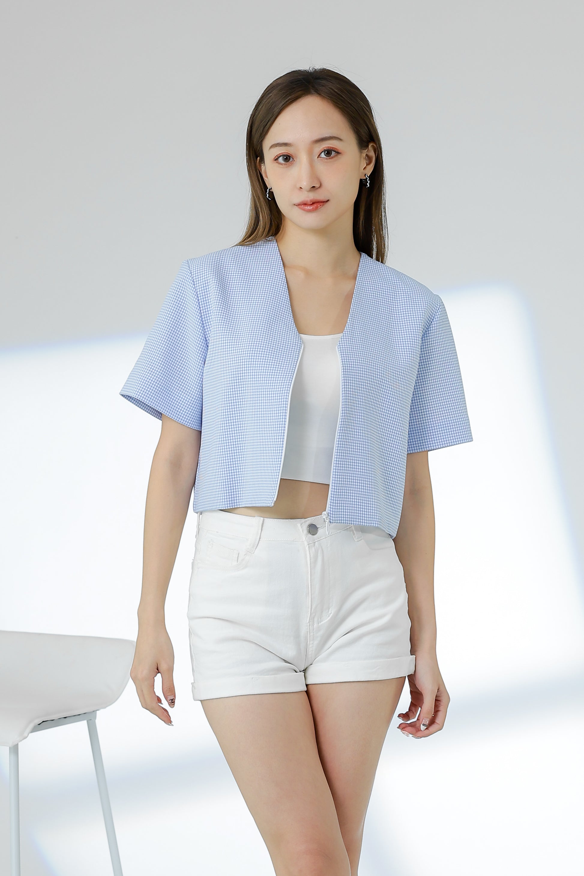 Kimi Front Zipper Top - Light Blue Checks