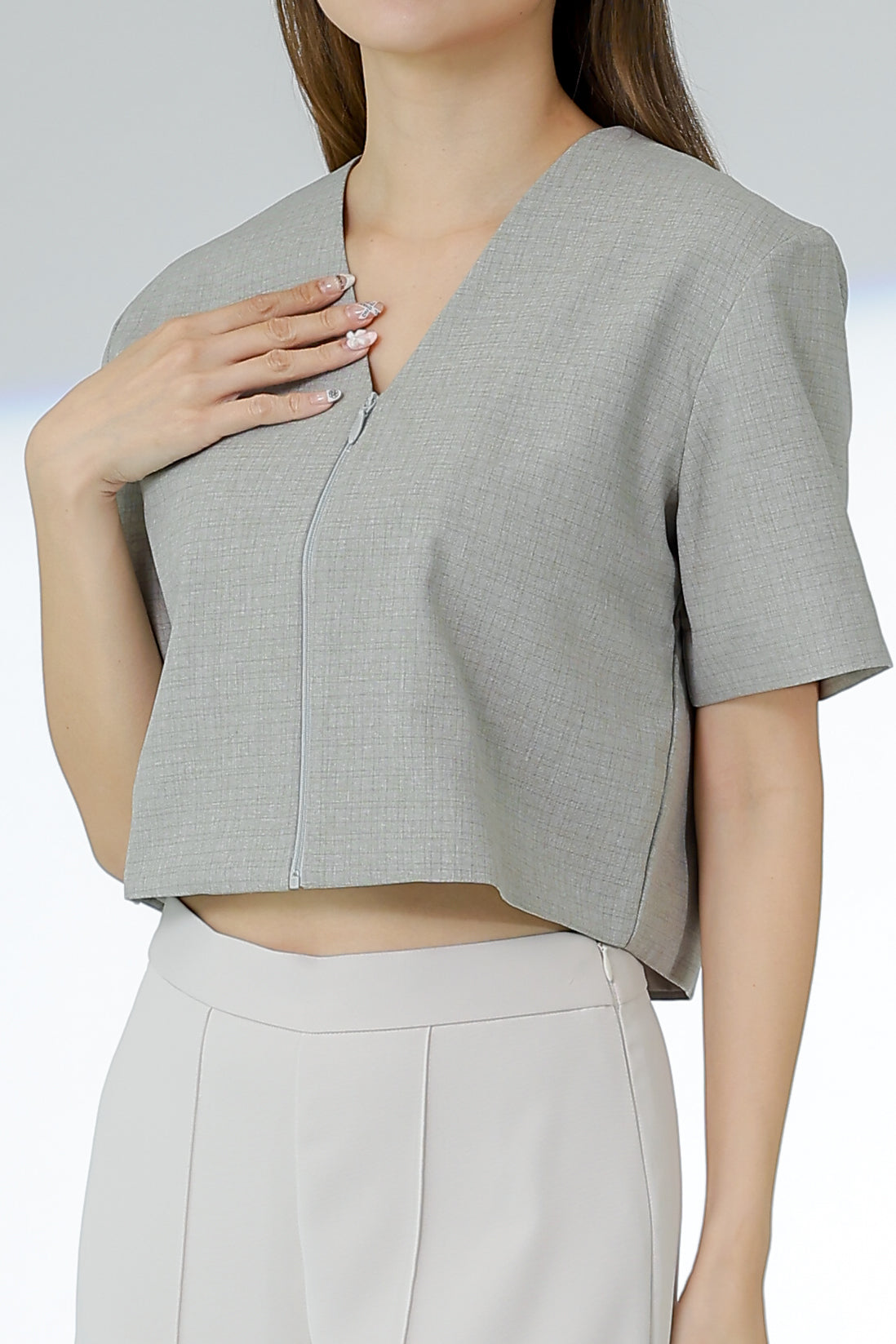 Kimi Front Zipper Top - Light Grey
