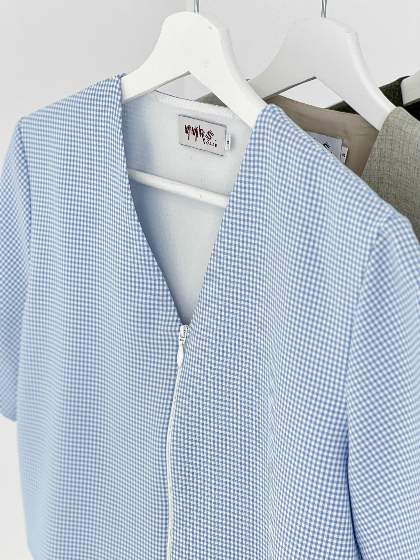 Kimi Front Zipper Top - Light Blue Checks