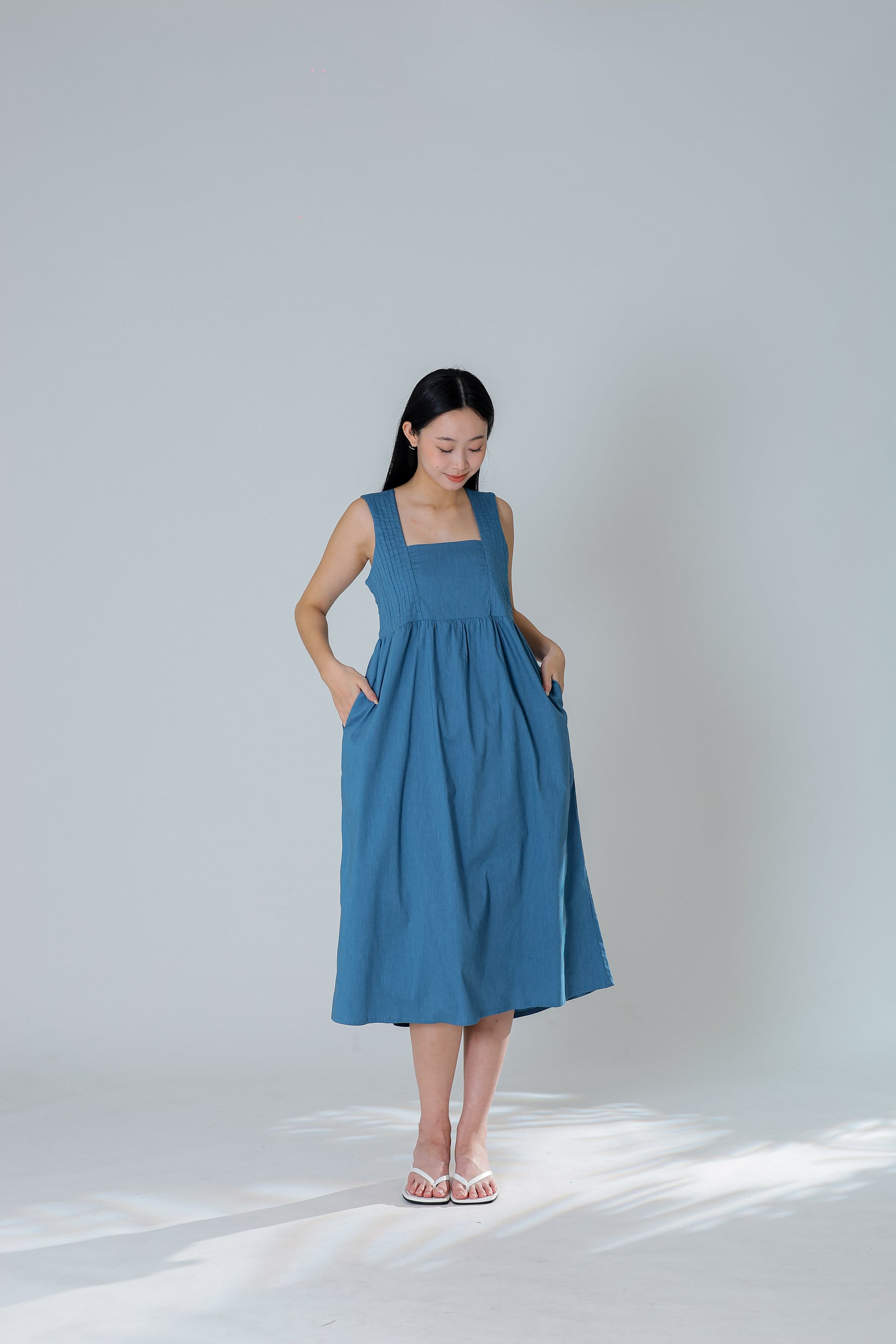 Mindy Square Neck Midi Dress - Denim Blue