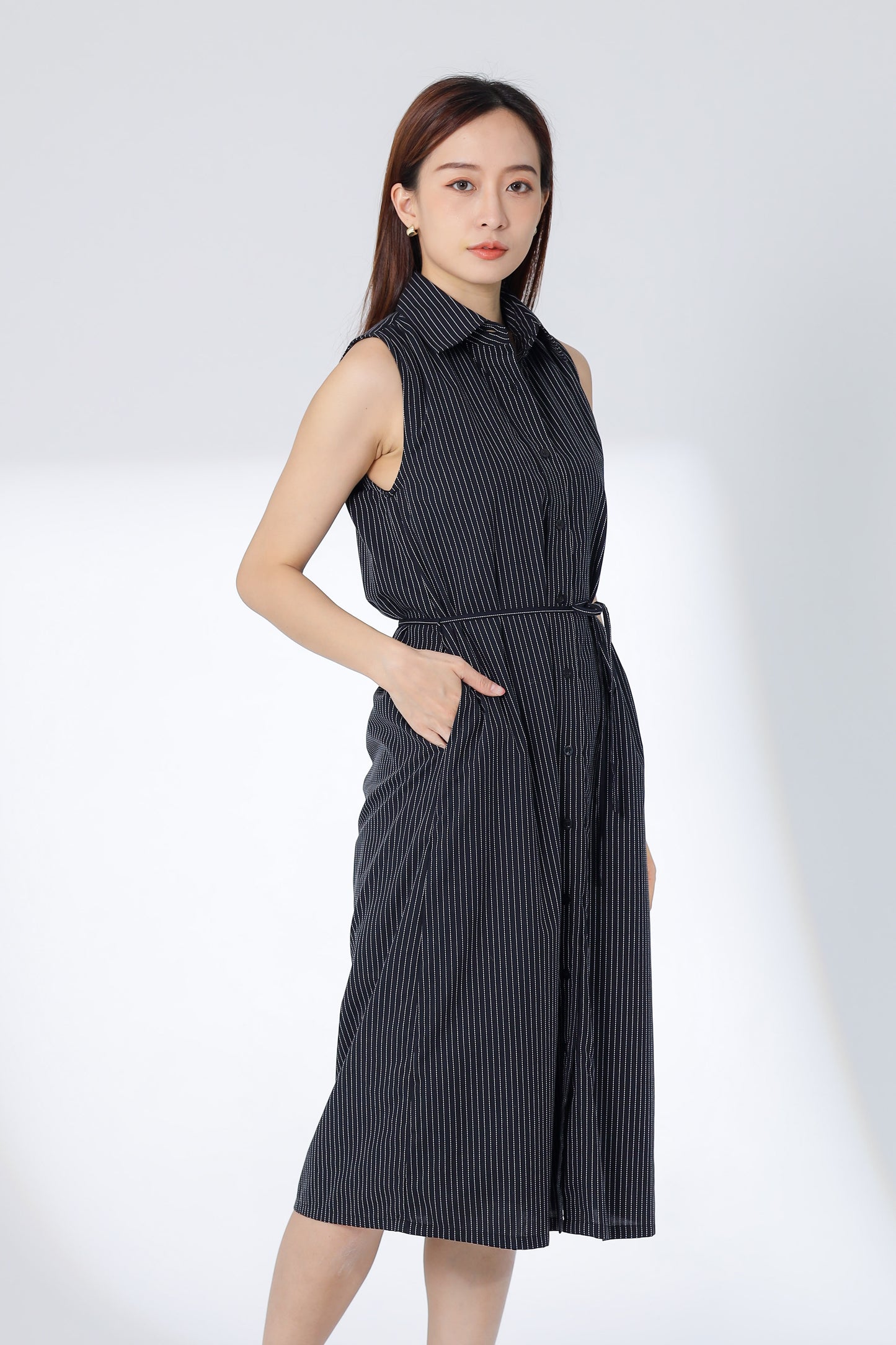 Mirren Sleeveless Shirt Dress - BW Stripes