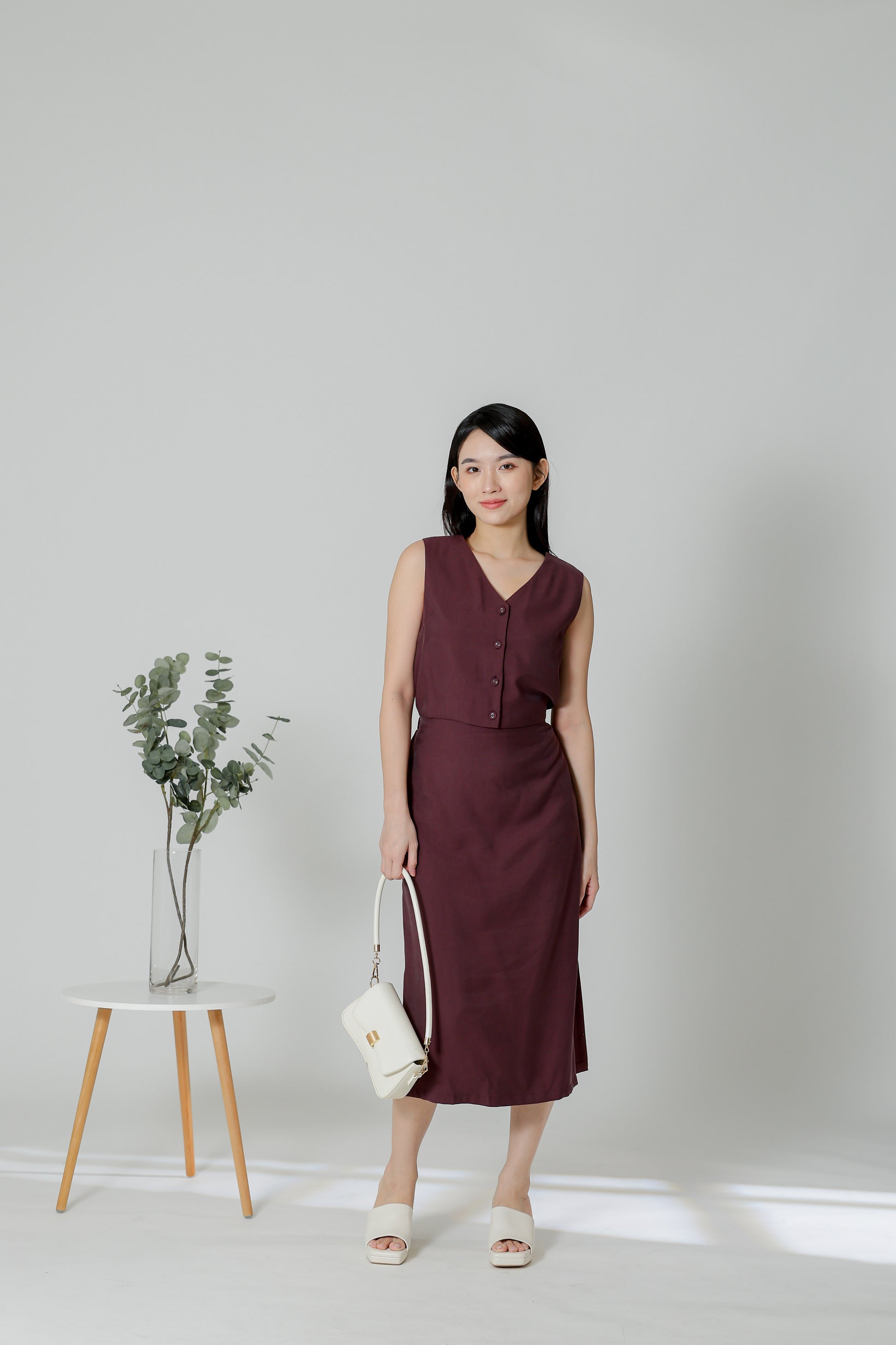 Olivia V-Neck Open Slit Dress - Plum