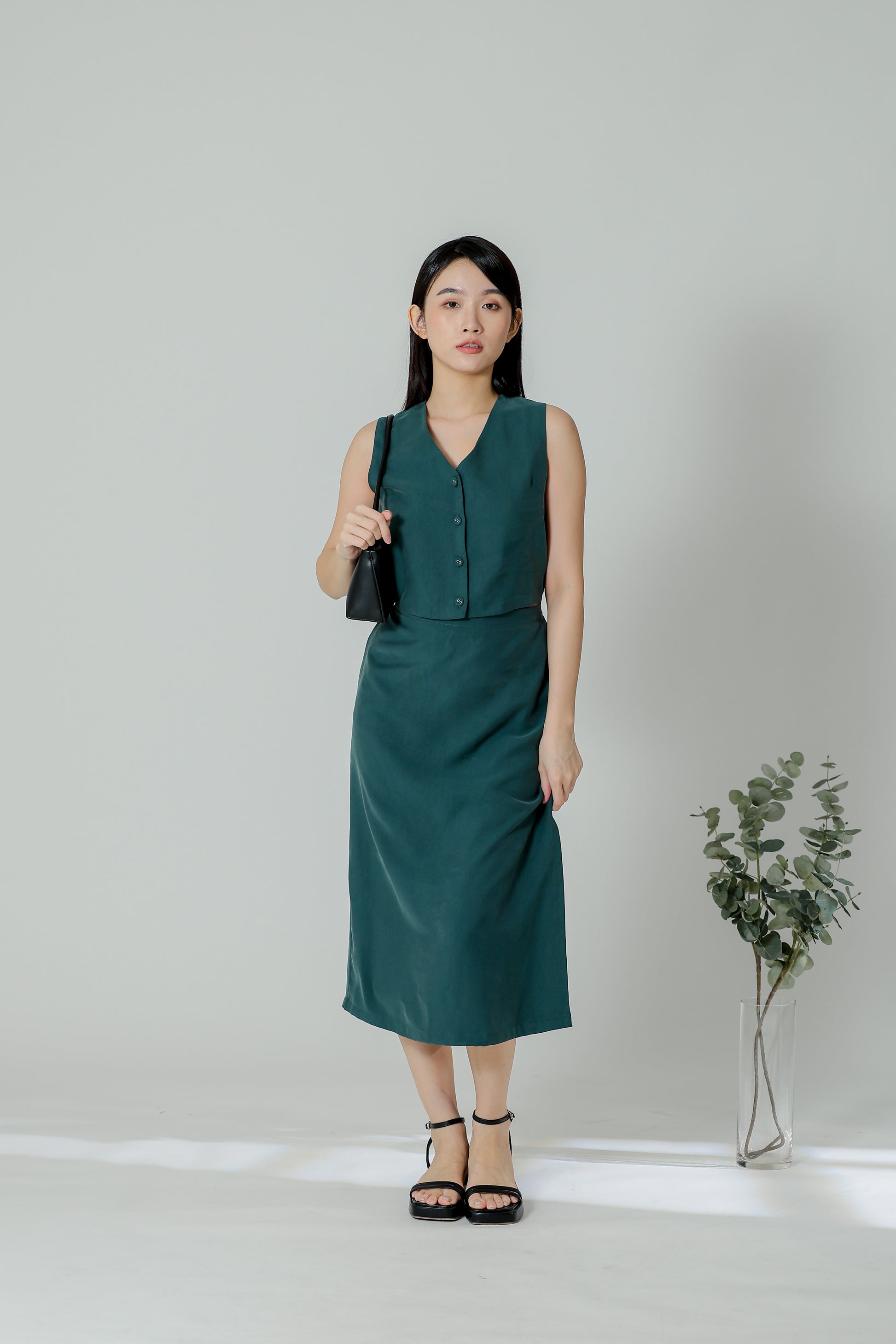 Olivia V-Neck Open Slit Dress - Emerald