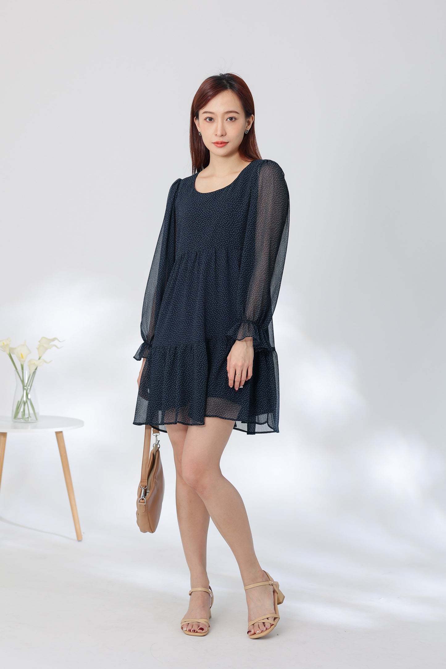 Perlita Tiered Babydoll Dress - Navy Polka