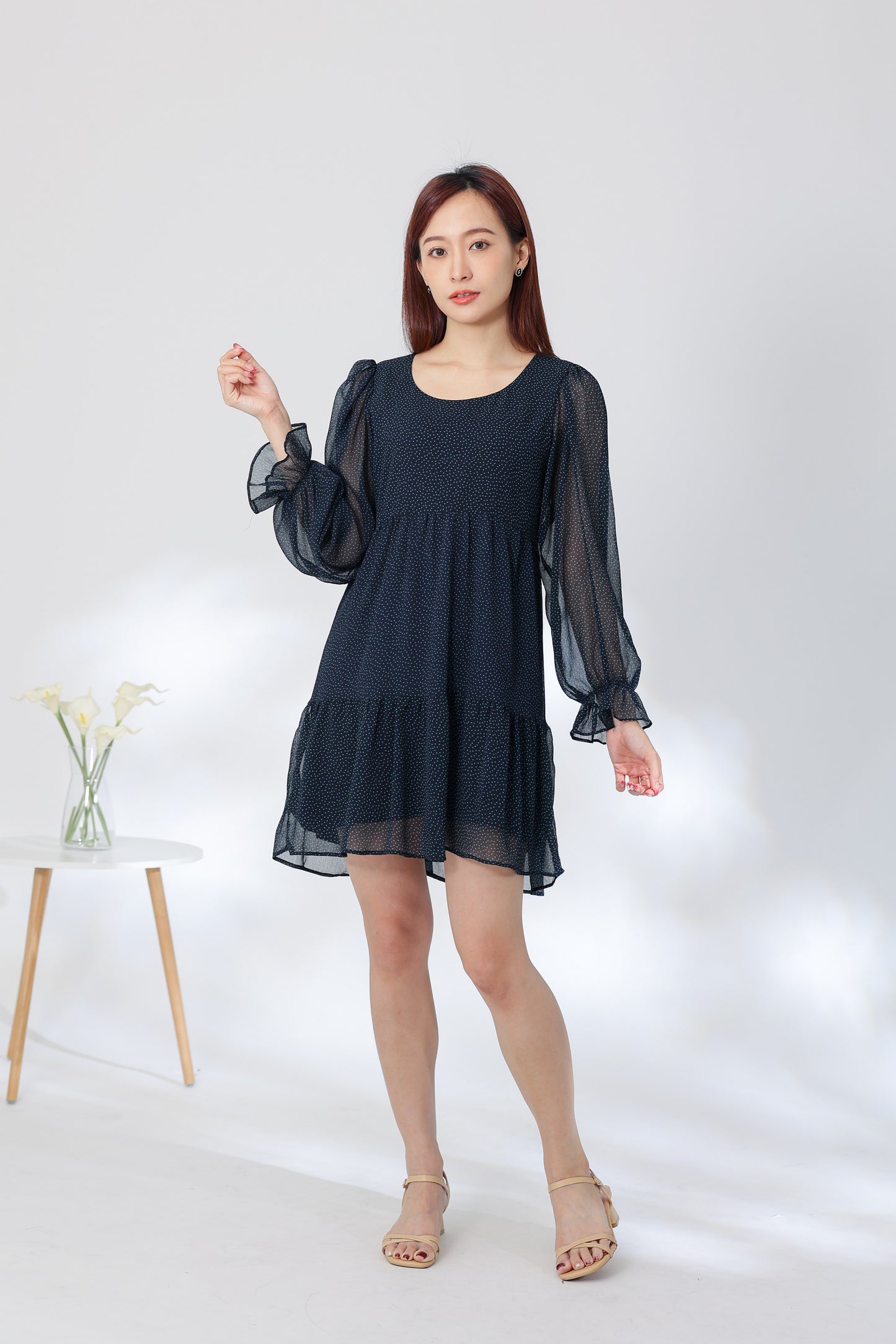 Perlita Tiered Babydoll Dress - Navy Polka
