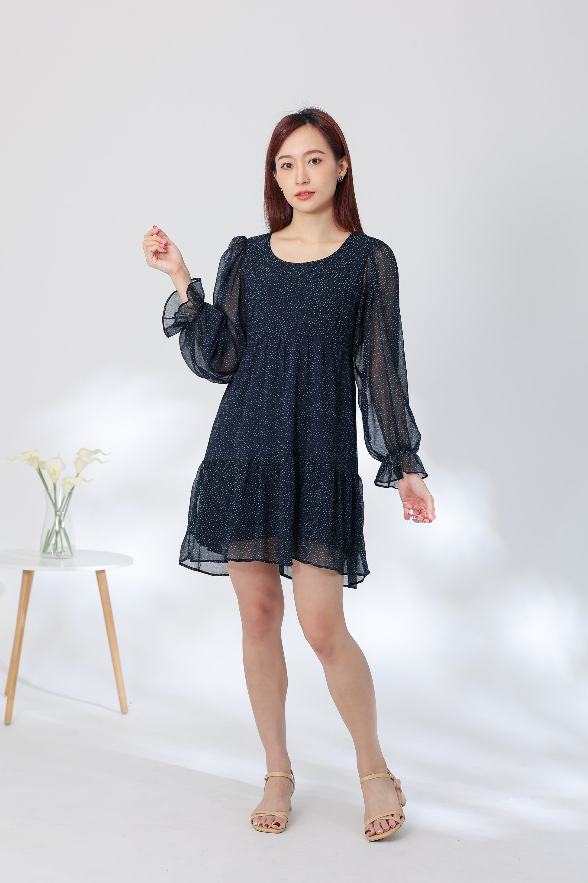 Perlita Tiered Babydoll Dress - Navy Polka