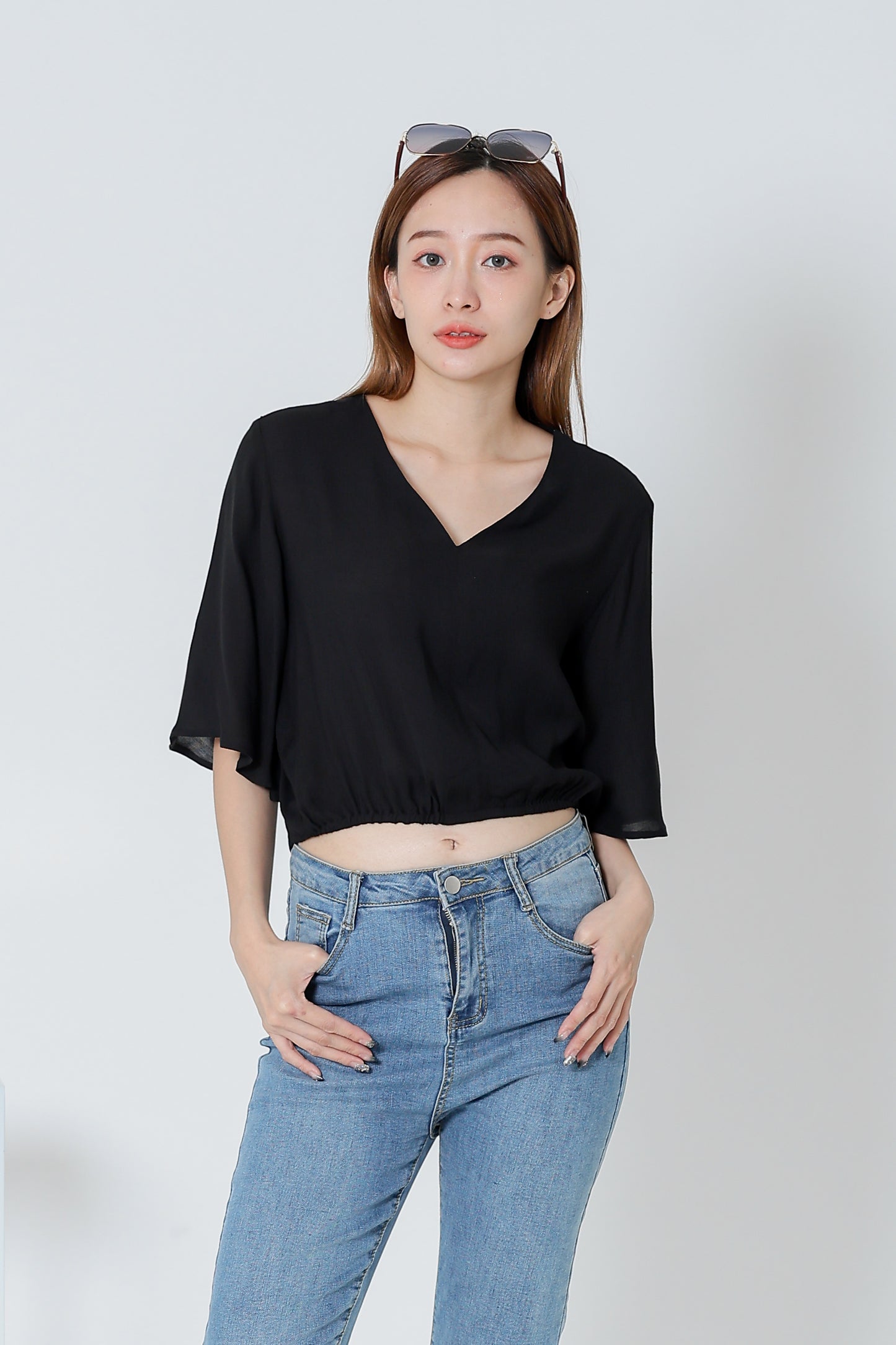 Ramira V Neck Bell Sleeve Top - Black