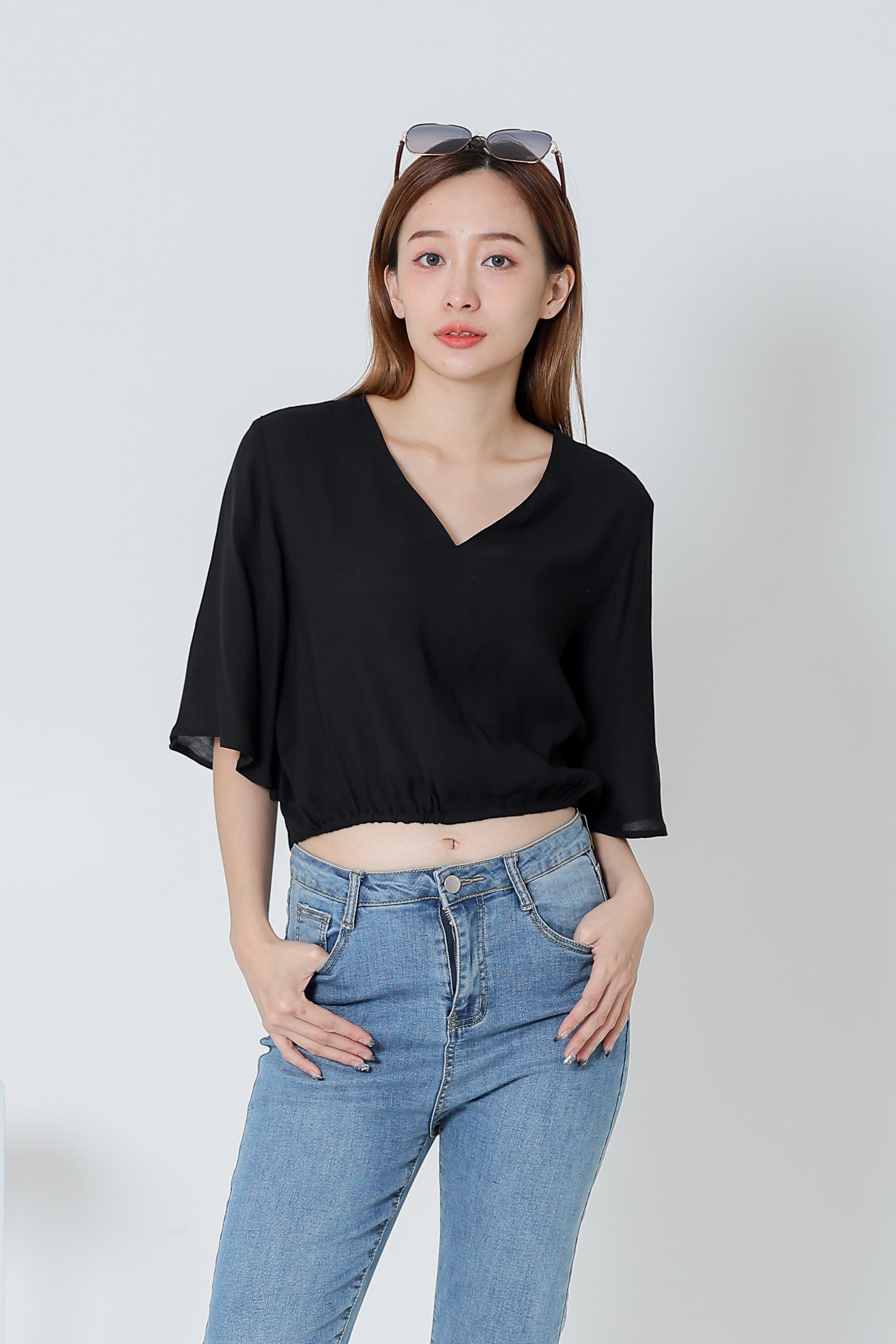 Ramira V Neck Bell Sleeve Top - Black