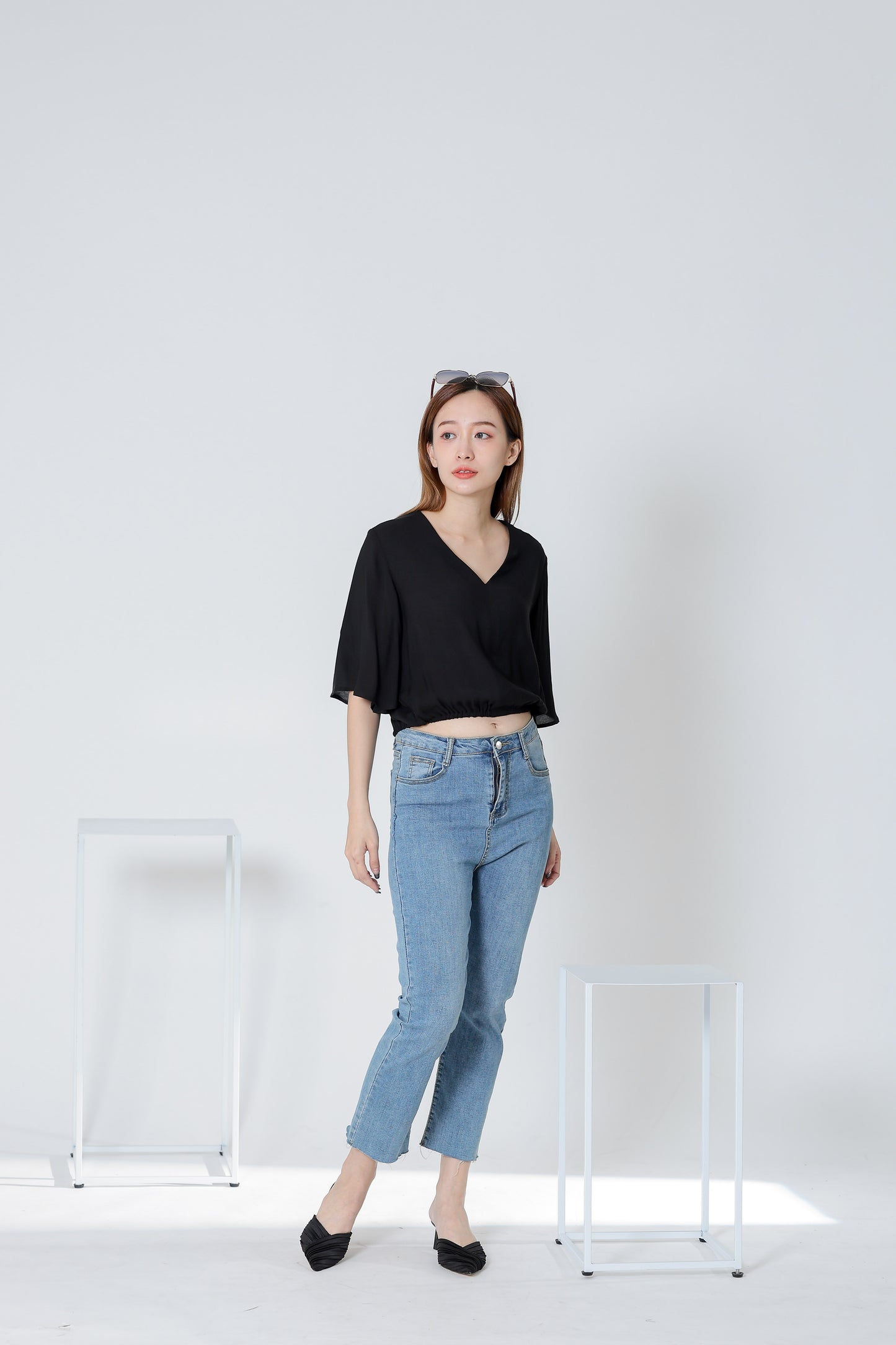 Ramira V Neck Bell Sleeve Top - Black