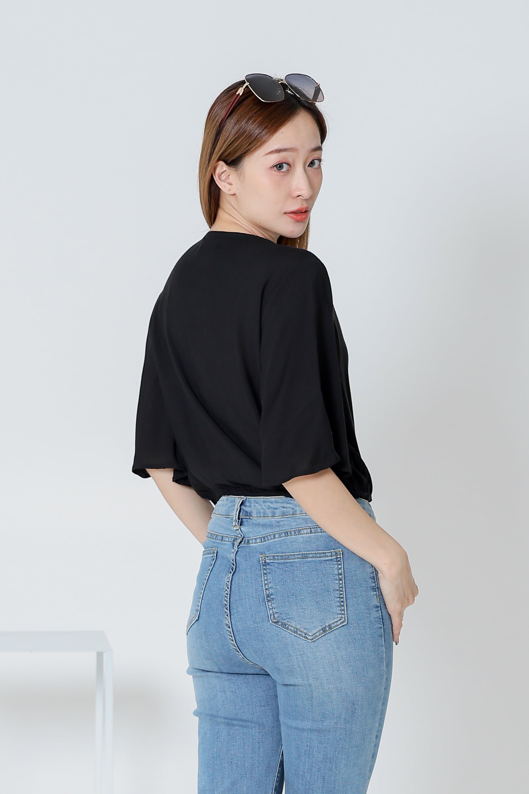 Ramira V Neck Bell Sleeve Top - Black