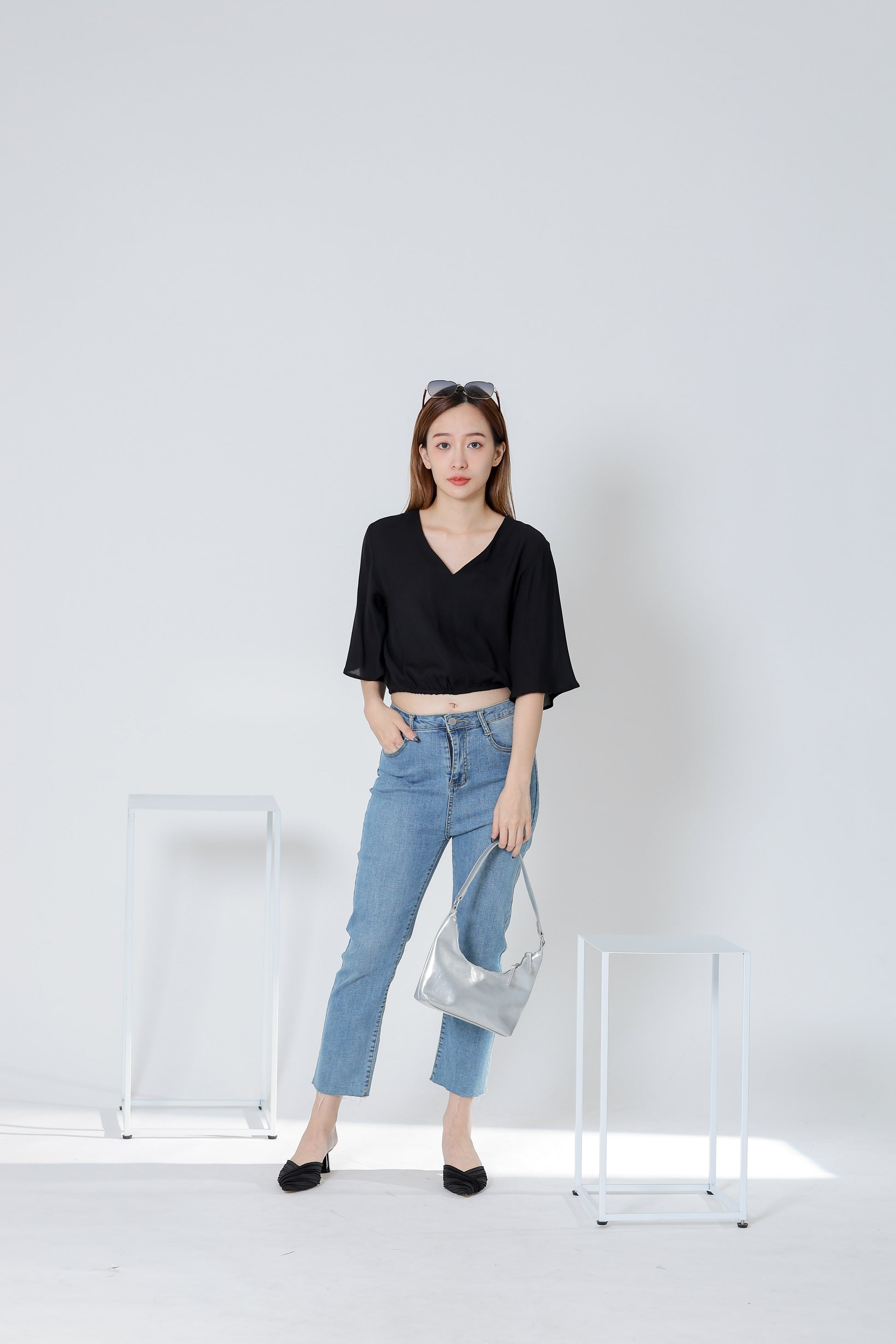 Ramira V Neck Bell Sleeve Top - Black