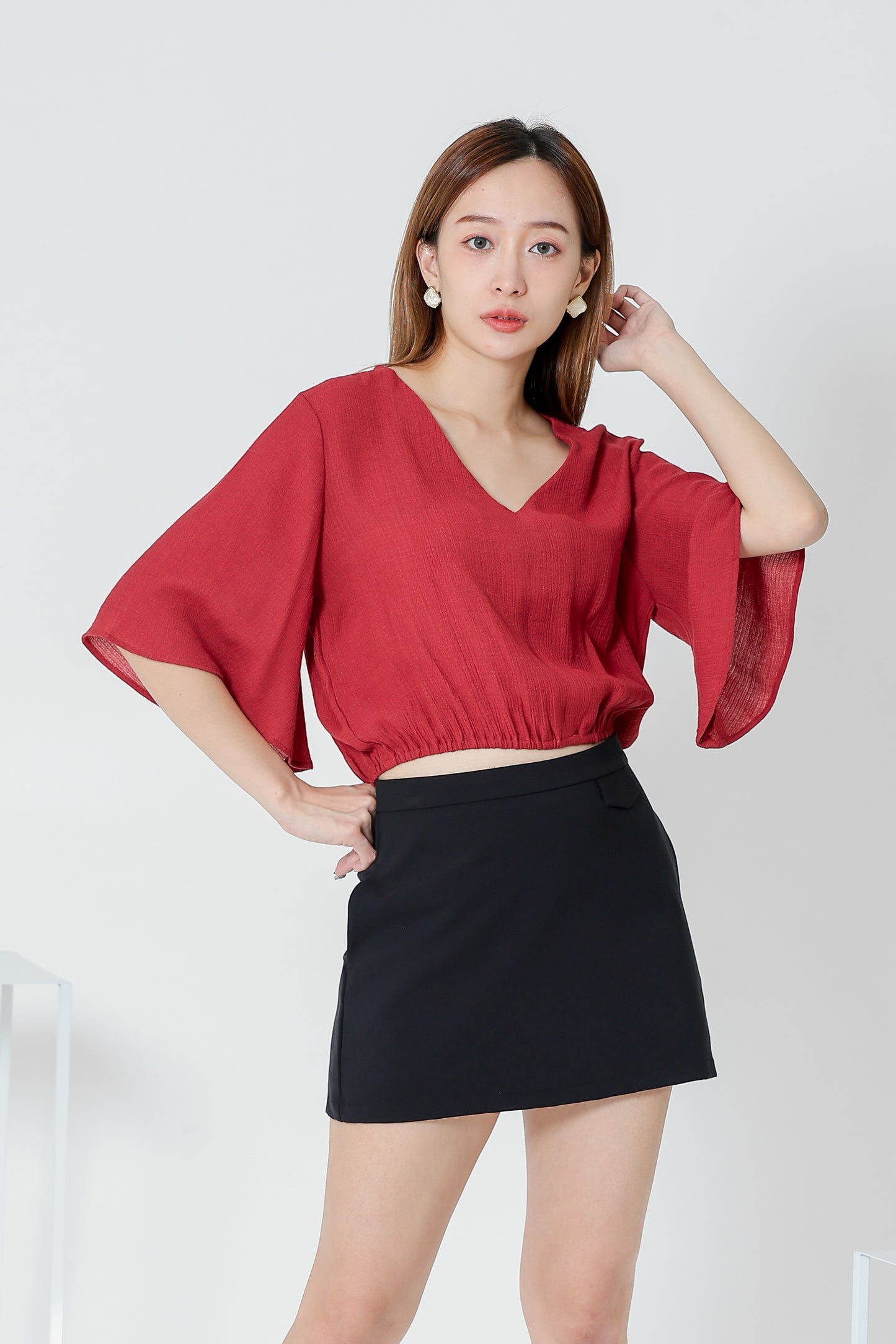 Ramira V Neck Bell Sleeve Top - Berry