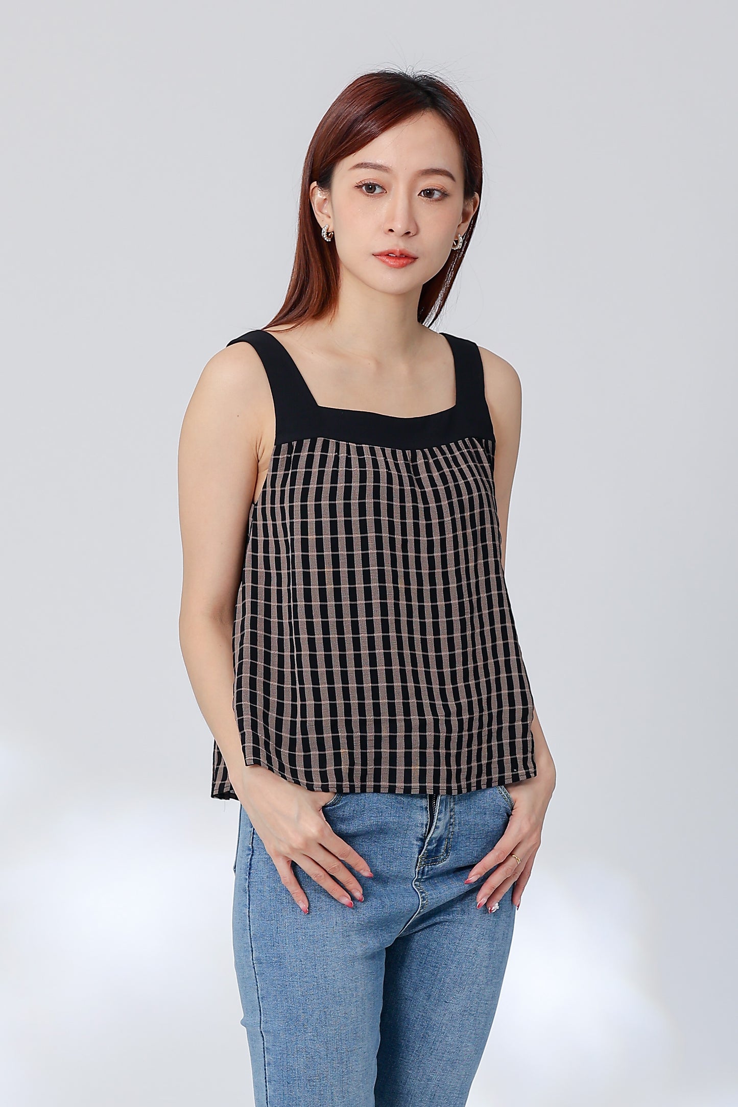 Rebekka Gingham Square Neck Top - Brown