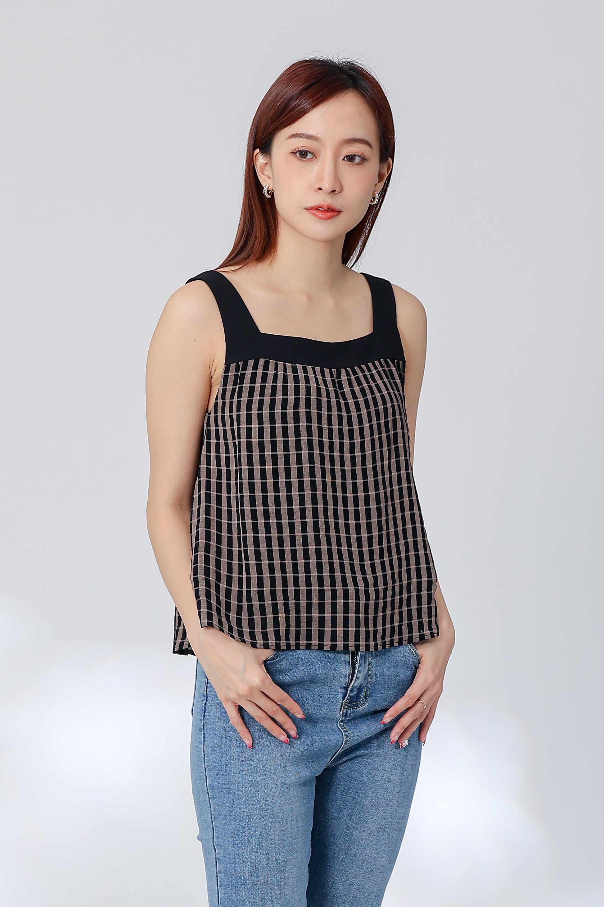 Rebekka Gingham Square Neck Top - Brown