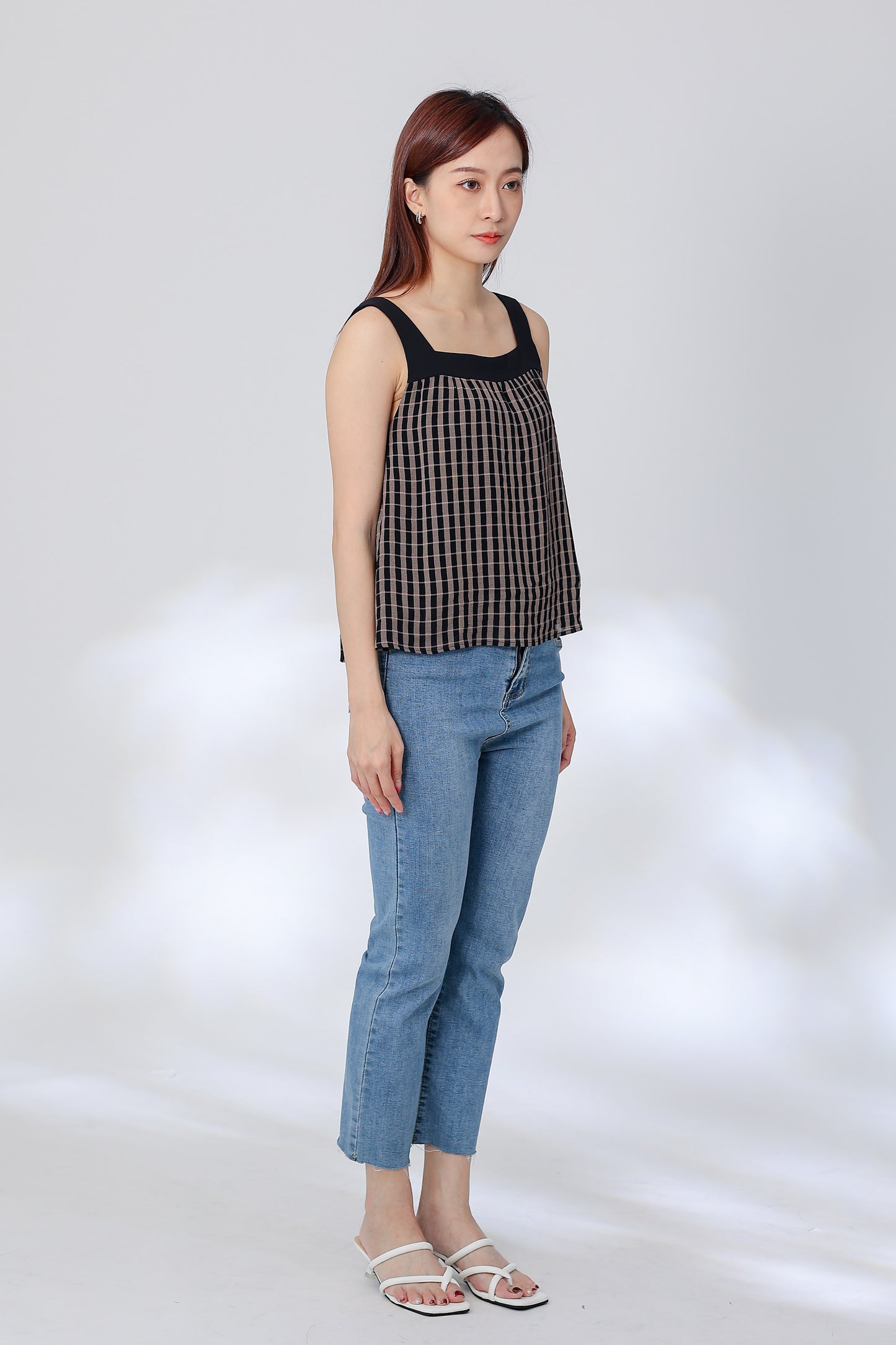 Rebekka Gingham Square Neck Top - Brown