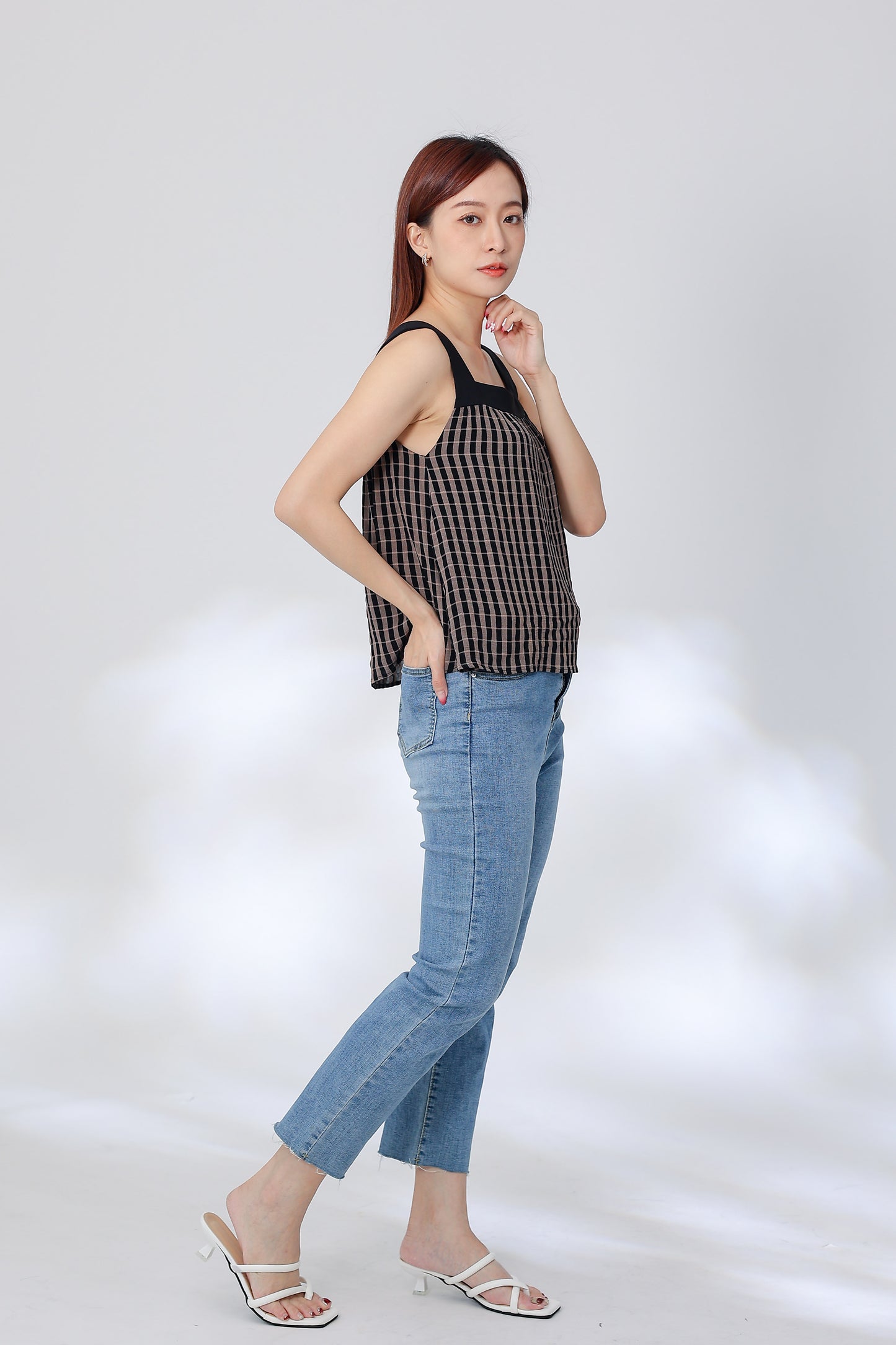 Rebekka Gingham Square Neck Top - Brown