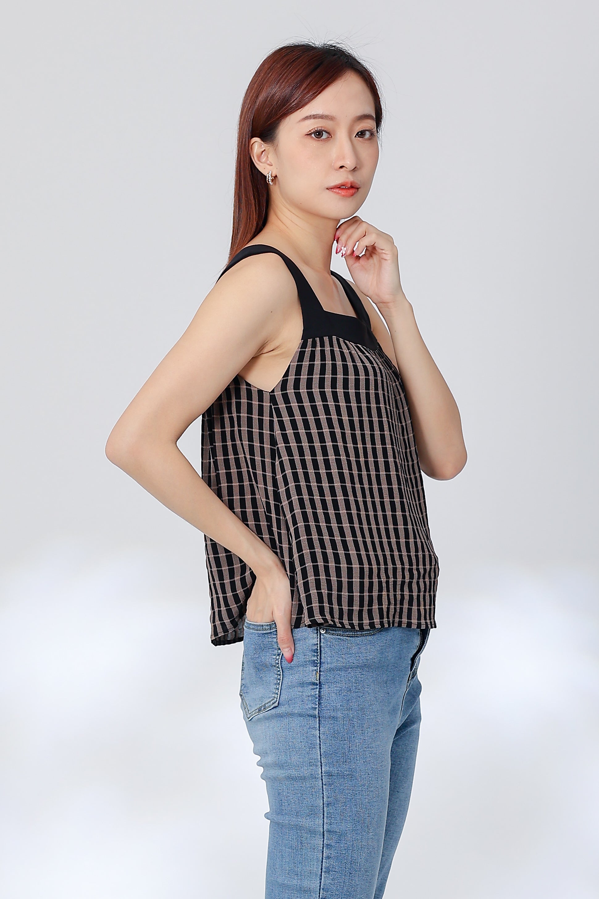 Rebekka Gingham Square Neck Top - Brown